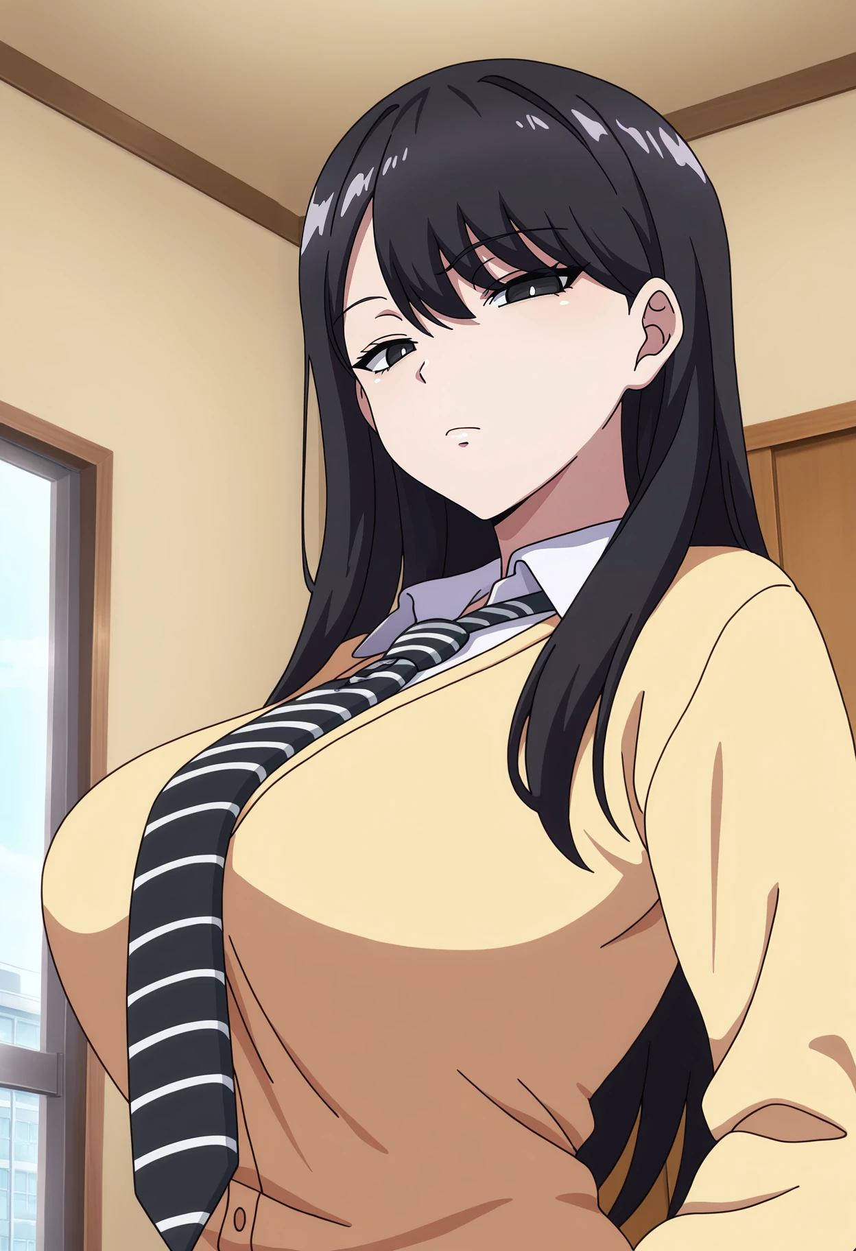 1girl,solo,mm,mature female,long hair,black hair,blck eyes,bangs,breasts,anime coloring,
school uniform,yellow cardigan,white shirt,necktie,striped necktie,looking at viewer, indoors,upper body, 
,masterpiece,best quality,amazing quality,lazypos,lazynsfw,<lora:Hikari_Kuroda-Iribitari_Gal_ni_Maãko_Tsukawasete_Morau_Hanashi-IL:0.9>,<lora:StS-Illustrious-Detail-Slider-v1.0:4>,scenery,