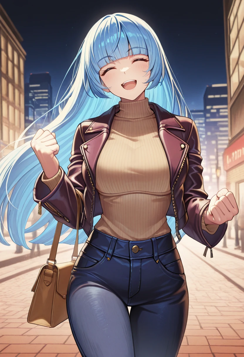 masterpiece, best quality, newest, absurdres, highres , <lora:KulaDiamondIllustrious:1>, KVL4KOF, blue hair, hime cut, blunt bangs, brown jacket, open jacket, leather jacket, beige turtleneck, jeans, closed eyes, open mouth, handbag, cityscape, 1girl, solo, night, smile,  clenched fist, street,