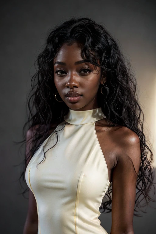 <lora:ebony:.91>, photo of a beautiful Ebony girl, black wavy hair, photoshoot, light yellow background, white High Neck dress, portrait, volumetric lighting,