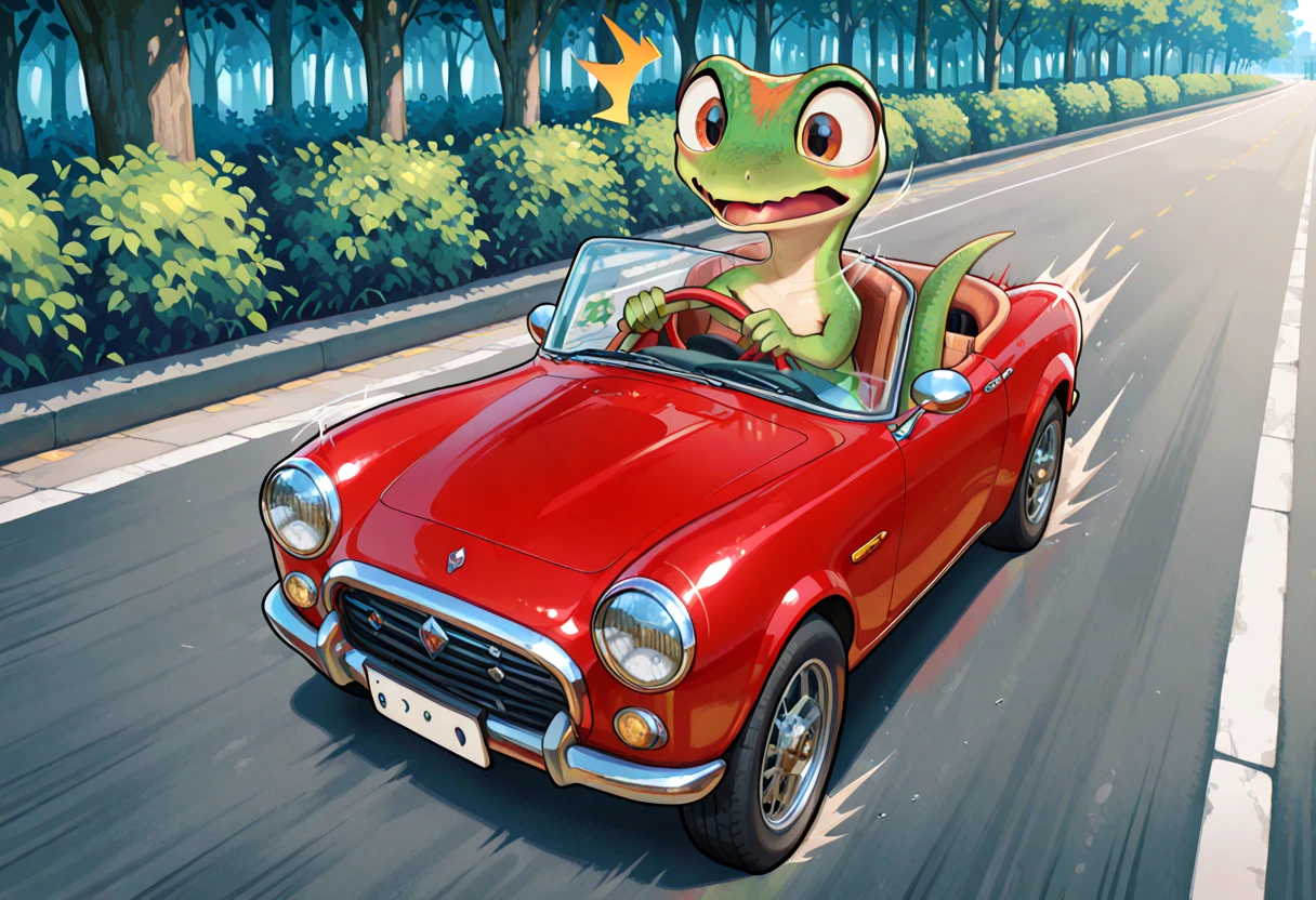 masterpiece, best quality, perfect quality, absurdres, newest, very aesthetic, very awa, g3icogeck, gecko, green scales, anthro, big eyes, reptile humanoid, no humans, brown eyes, 1boy, short, street, driving, small red convertible vehicle, wide view, sitting, full body, surprised expression, panic, outdoors, going incredible fast, motion lines, speed <lora:Geico_Gecko_-_Martin_Commercial:1> <lora:NOOB_vp1_detailer_by_volnovik_v1:1>