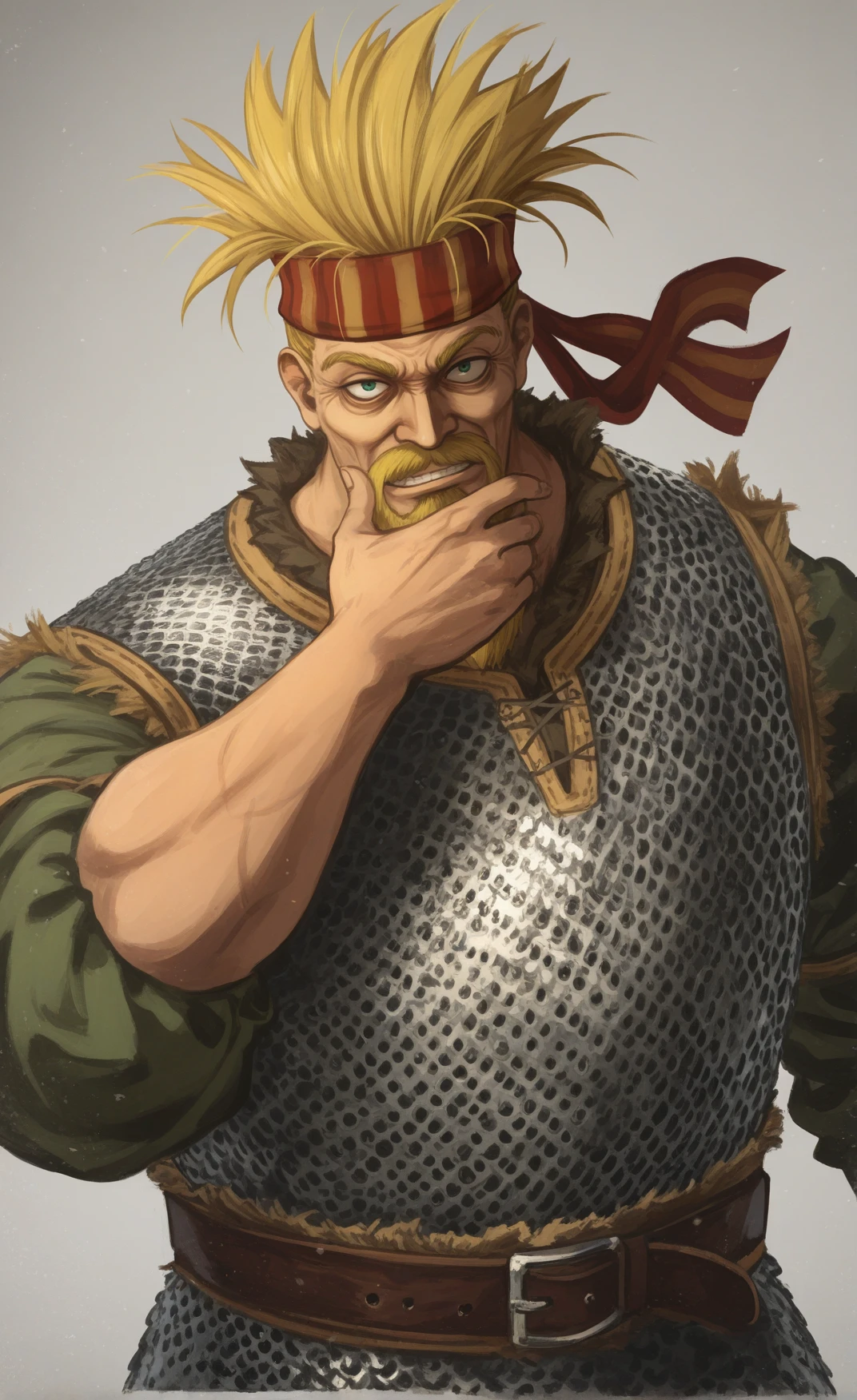 1boy, Thorkell, beard, chainmail armor, belt, headband, short green sleeves, <lora:Thorkell_Illustrious-000007:0.75>, wafferscotch, (khyle.: 0.9), k-suwabe, masterpiece, best quality, newest, absurdres, highres, new, (goma \(gomasamune\),:0.7) (koto inari:0.4)