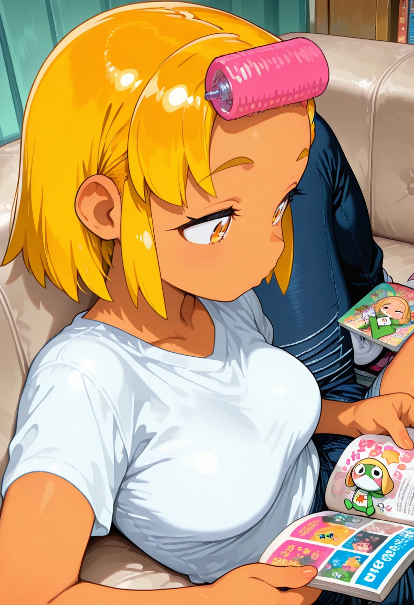 angol mois, keroro gunsou, 1girl, dark-skinned female, blonde hair, short hair, kogal, hairroller on bangs, forehead, reclining on sofa, reading comic book,  , highres,  masterpiece, best quality, amazing quality, very awa, very aesthetic, , <lora:Illust\edit\new\korean_hair_roller_v3.safetensors:1.0:1.0>