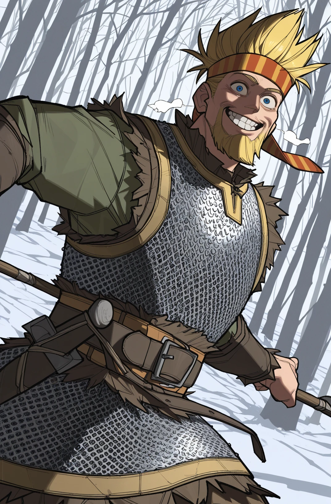1boy, cowboy shot, Thorkell, beard, chainmail armor, belt, headband, short green sleeves, looking at viewer, grin <lora:Thorkell_Illustrious-000007:0.8>, holding spear, winter, forest, masterpiece, best quality, newest, absurdres, highres, new, krekkov, yoneyama mai, (narrative-rich composition), (dramatic angle,dynamic angle,dynamic pose:1.1),, yaya hiyayaka, snowcie