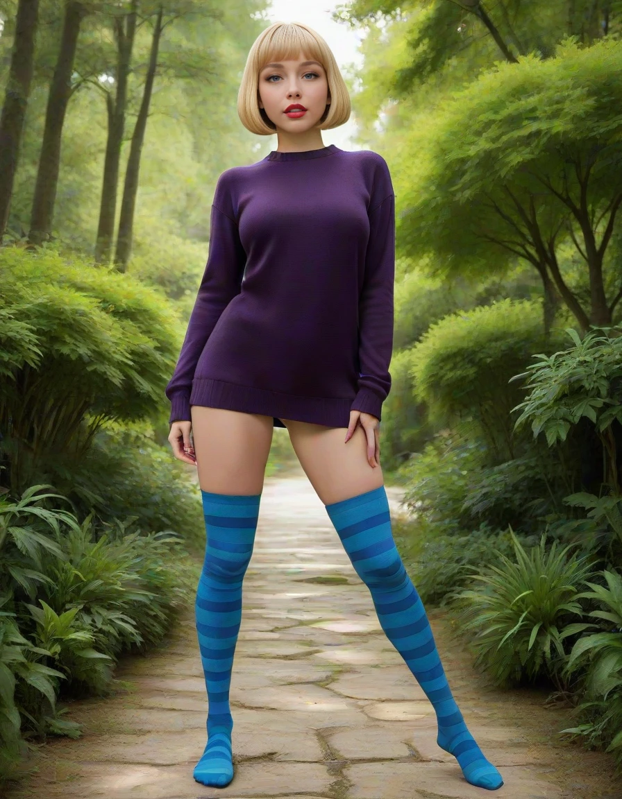 masterpiece, best quality, <lora:tribute_to_sweater_girl:0.8> sweatergirl, 1girl, blue eyes, red lips, blond hair, bob cut hair, bangs, dark purple sweater, stripped tighhighs, no shoes,, parted lips, upper teeth, facing viewer, looking at viewer, open eyes, , full body view, head, , legs, shoes, solo, outdoor, standing,