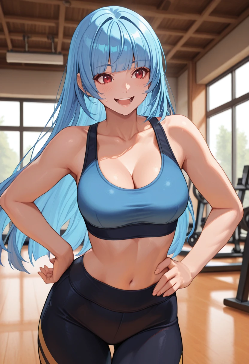 masterpiece, best quality, newest, absurdres, highres , <lora:KulaDiamondIllustrious:1>,  KVL4KOF, blue hair, hime cut, blunt bangs,  blue sports bra, smile, open mouth, hand on own hip, gym, indoors, midriff, yoga pants, black stripes, cleavage, 1girl, solo, red eyes,