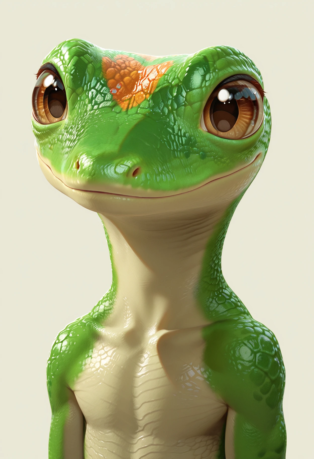 masterpiece, best quality, perfect quality, absurdres, newest, very aesthetic, very awa, g3icogeck, solo, gecko, green scales, anthro, reptile humanoid, no humans, slim, brown eyes, 1boy, upper body, close-up, portrait, simple background <lora:Geico_Gecko_-_Martin_Commercial:.9>