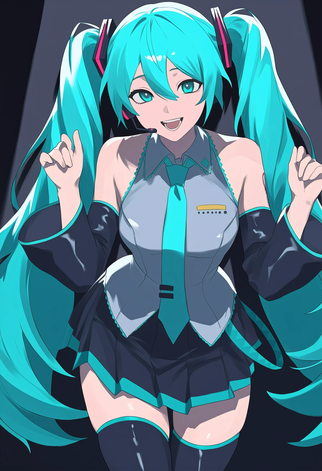 newest, solo, 1girl, smile, open mouth, teeth, looking at viewer, standing, leaning forward, w arms, spotlight, (hatsune miku, vocaloid:0.7), long hair, aqua hair, hair between eyes, twintails, hair ornament, headset, aqua eyes, grey shirt, collared shirt, sleeveless shirt, untucked shirt, aqua necktie, black sleeves, detached sleeves, black skirt, pleated skirt, black thighhighs <segment:yolo-Anzhc Face seg 640 v3 y11n.pt,0.5,0.5//cid=11>