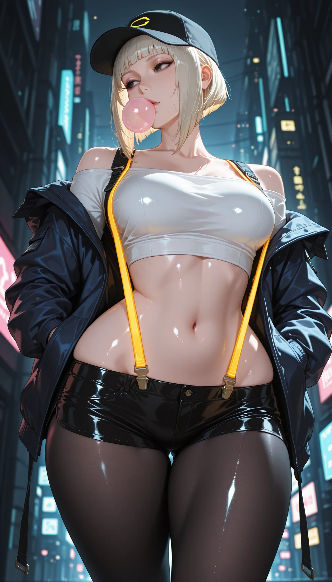 masterpiece, best quality, amazing quality, 4k, very aesthetic, high resolution, ultra-detailed, absurdres, newest, scenery, mature face, sharp face, long face, very awa, neon rim light, dark, 1girl, shiny dark eyes, platinum blonde,inverted bob, sidelocks over shoulder, oversized baseball cap, chewing gum, medium breasts, crop top white shirt, midriff, navel, dark blue open jacket, off-shoulder, wide hips, huge butt, thick thighs, skindentation (lowleg:1.2) black latex short shorts, black pantyhose, (glowing neon suspenders:1.2), looking away, hands in jacket pockets, walking, twisty pose, head tilt, wide shot, cowboy shot, from below, dutch angle, dynamic, face focus, fine fabric emphasis, shiny skin, cyberpunk, BREAK, eyes, detailed eyes, depth of field, volumetric lighting, photorealistic details
