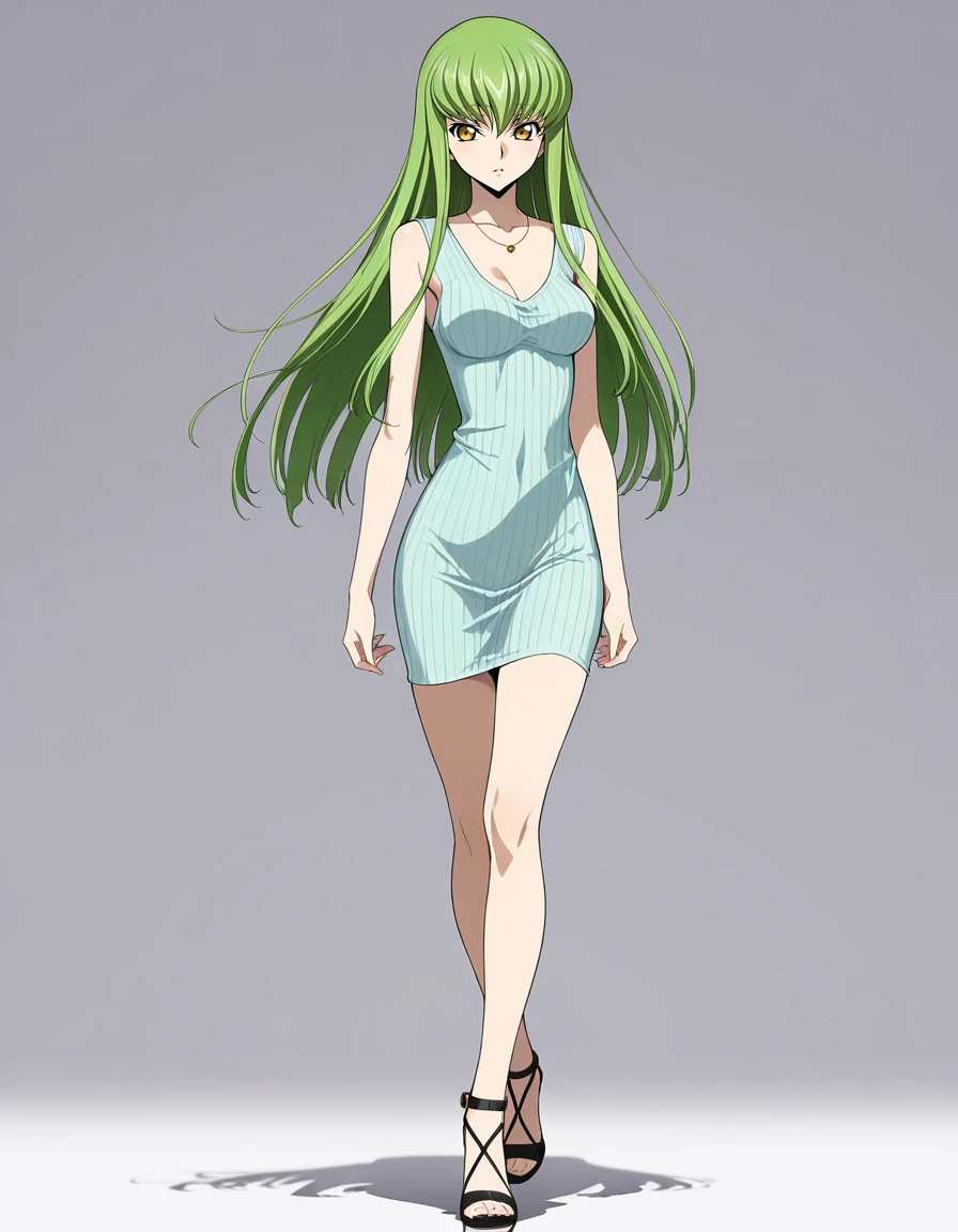 masterpiece,best quality,amazing quality,very aesthetic,high resolution,ultra detailed,perfect details,
simple background,walking,looking at viewer,
1girl,solo,<lora:mai_sexy_green_dress:1>,mai_sexy_green_dress,pencil_dress,ribbed_dress,short_dress,necklace,strappy_heels,
,code_geass,c.c.,code geass,