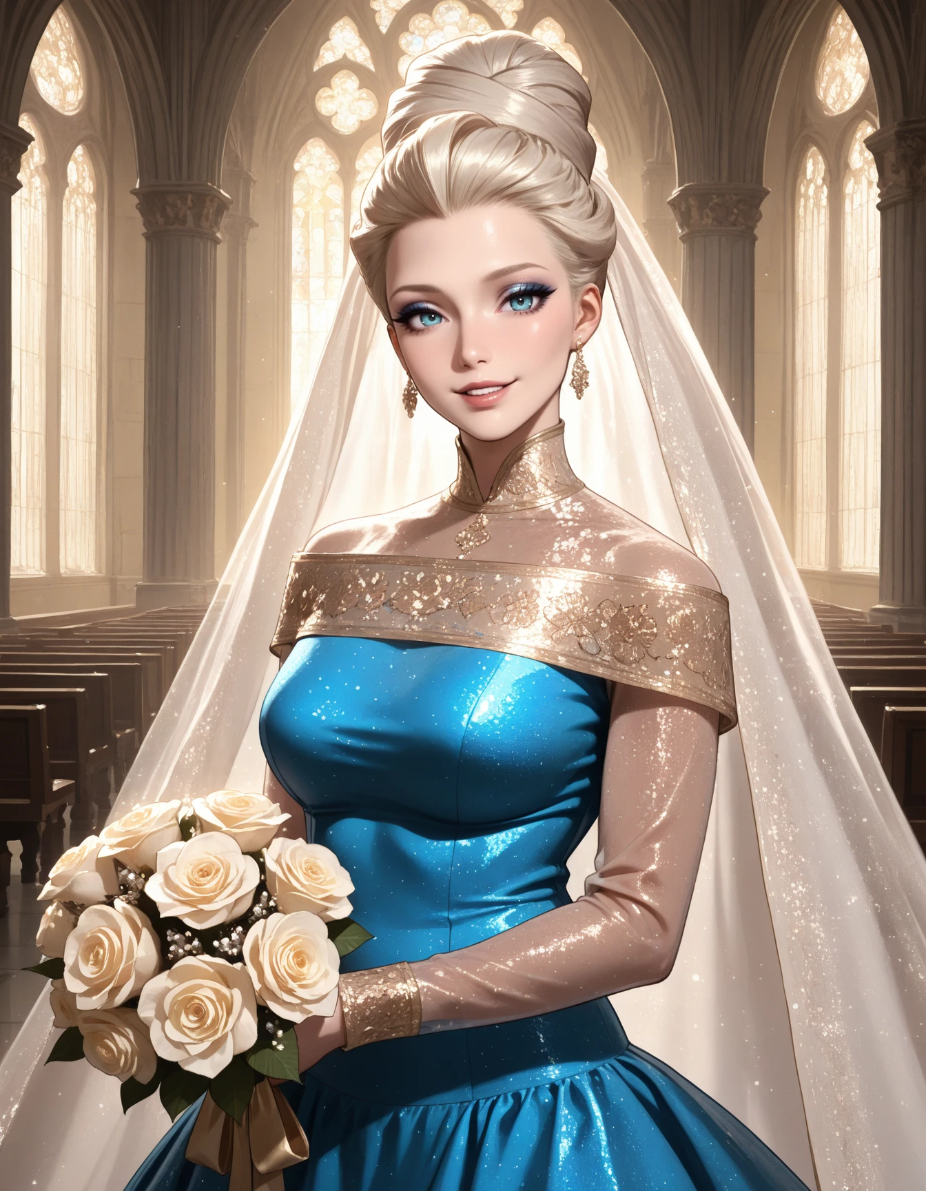 1girl, solo, elsa, beehive hairdo, head tilt, platinum blonde hair, blue dress, gold off-shoulder, gold dress, gold trim, high collar, (patterned_clothing), long sleeves, large breasts, cowboy shot, see-through sleeves, glitter clothing, cowboy shot, brown hair, cathedral, holding bouquet, smile, looking at viewer, parted lips, eyeshadow <lora:Outfit_soph-KamalaBrideTNG:1> bridal veil, gold-trimmed veil masterpiece, best quality, very aesthetic, newest