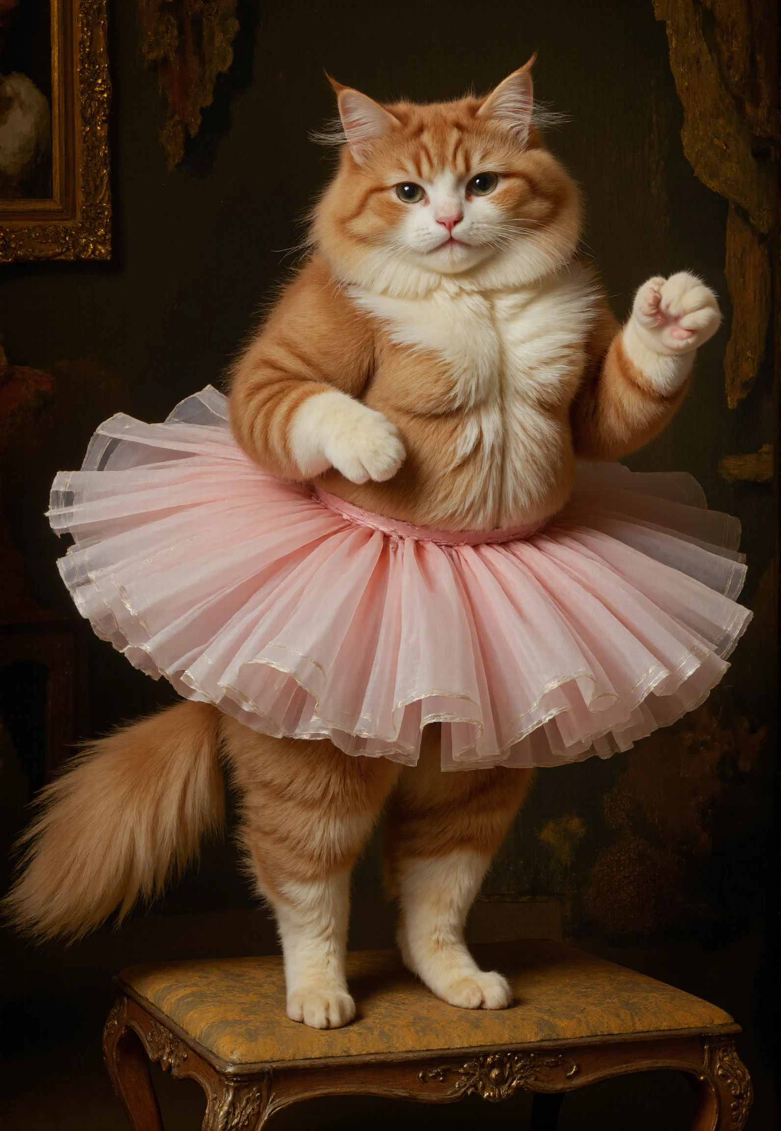 Rembrandt style <lora:redcat:1>, "The Meowna Lisa" â Regal Baroque Portrait
*This is a high-resolution, CGI-rendered portrait of a fluffy Persian cat in a ballet tutu, styled like a Baroque-era royal painting. The cat perches elegantly on a velvet cushion, its tutu a soft pink against its rich orange and white fur. Its gaze is dignified yet playful, capturing the grandeur of 17th-century portraiture. The background features dramatic drapery and an ornate gilded frame within the frame, with soft chiaroscuro lighting enhancing the depth. A faint smirk plays on the catâs face, as if it knows itâs the star of the paintingâmuch like the confident subjects of old master portraits.* . Baroque, chiaroscuro, realistic, emotional, "flat lighting