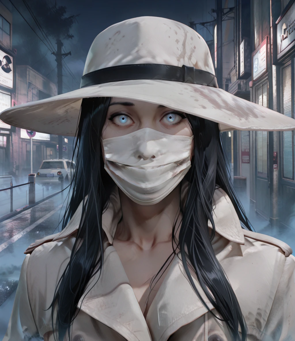 kchskewhxl, blue eyes, black hair, 
white hat, white trench coat, surgical mask, close up, 
upper body, empty streets, night, fog, solo, looking at viewer, 
(insanely detailed, masterpiece, best quality), <lora:KuchisakeWHITE-12v1-ILL:1>,