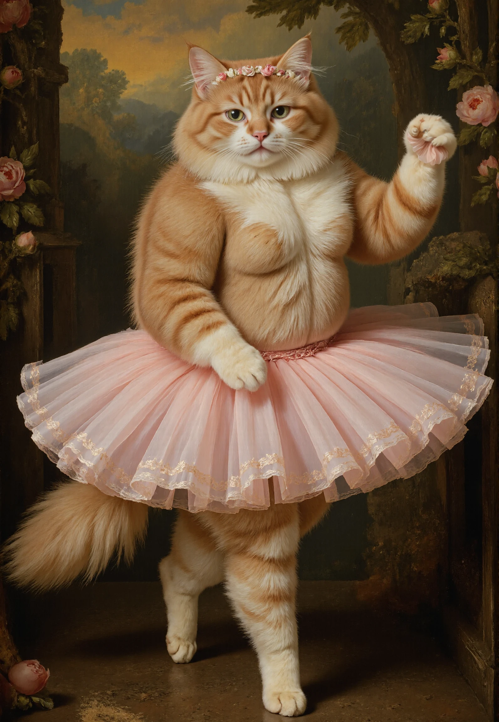Rembrandt style <lora:redcat:1>, "The Enchanted Dancer" â Romantic-Era Midbody Portrait
This is a high-resolution, CGI-rendered mid-body portrait of a Persian cat in a ballet tutu, evoking the dreamy aesthetic of Romantic-era paintings. The cat wears a soft pink tulle tutu and an elegant floral headpieceâtiny silk roses woven into a delicate circlet. Its fluffy fur is rendered with exquisite detail, catching the light like brushed strokes of oil paint. One paw is extended mid-movement, as if caught in a dance. The background is a soft-focus garden at twilight, with blooming peonies and a hint of mist, creating an ethereal atmosphere. The catâs gaze is wistful, adding a touch of poetic charm. . Baroque, chiaroscuro, realistic, emotional, "flat lighting, mid body portrait
