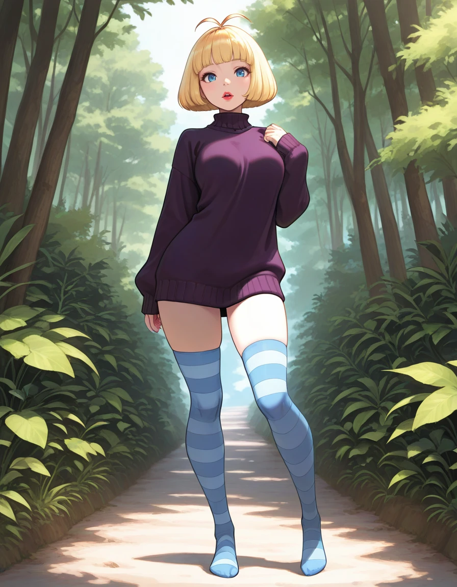 masterpiece, best quality,  <lora:tribute_to_sweater_girl:0.8> sweatergirl, 1girl, blue eyes, red lips, hair antenna, blond hair, bob cut hair, bangs, dark purple sweater, stripped tighhighs, no shoes,, parted lips, upper teeth, facing viewer, looking at viewer, open eyes, , full body view, head, , legs, shoes, solo, outdoor, standing,