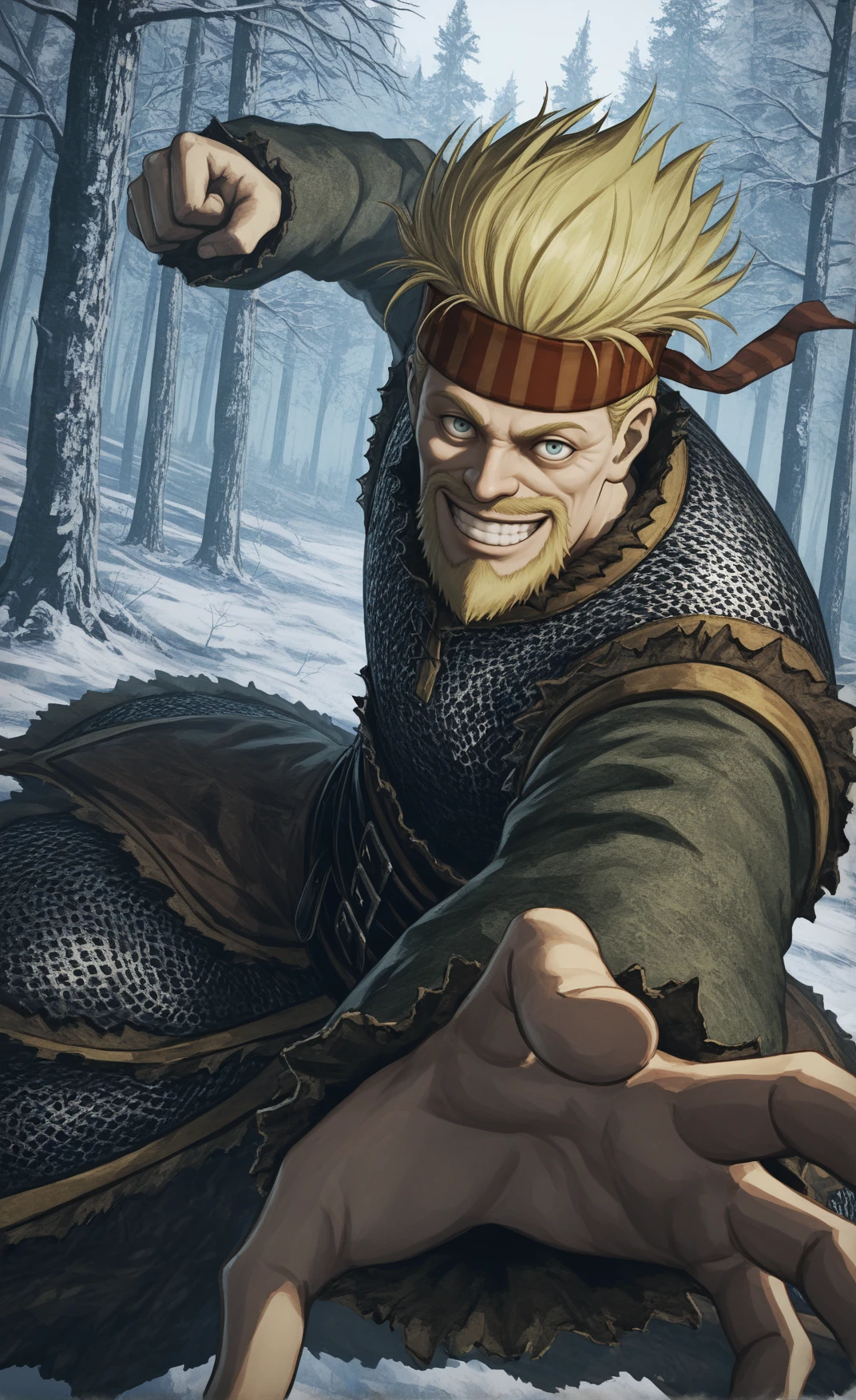 1boy, Thorkell, beard, chainmail armor, headband, short green sleeves, <lora:Thorkell_Illustrious-000007:0.75>, grin, winter forest, <lora:PepePunchMeme_illusXLNoobAI_Incrs_v1:1> IncrsPunchMeme, looking at viewer, incoming attack, wafferscotch, k-suwabe, darkest dungeon style, foreshortening,, masterpiece, best quality, newest, absurdres, highres, new, (narrative-rich composition), (dramatic angle,dynamic angle,dynamic pose:1.1),