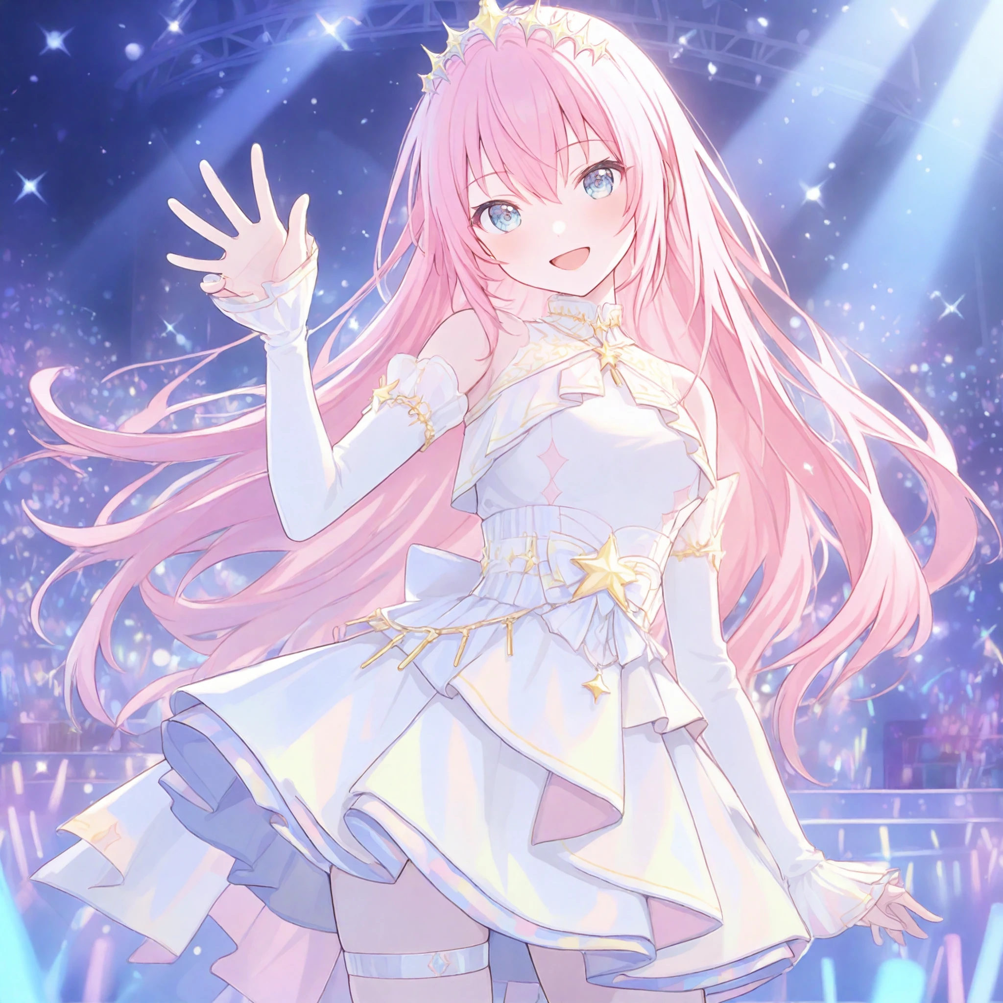 nijistyle, 1girl, (megurine luka:0.2), project sekai, solo,
sdmk, long hair, pink hair, blue eyes, :D, detailed eyes, cowboy shot,
looking at viewer, smiling, closed mouth, contrapposto, hand up, waving,
white dress, detached sleeves, bare shoulders, tiara, sleeveless dress, sleeves past wrists, breasts, white sleeves, high-low skirt, star ornament, thighhighs, thigh strap, pink fabric,
dark, stage, stage light,
masterpiece, best quality, amazing quality, very aesthetic, highres, ultra detailed,
<lora:hand 5.5:1>, <lora:ObIL-style-nijistyle02:0.8>, <lora:ObIL-vs-SunshineDream01:0.7>