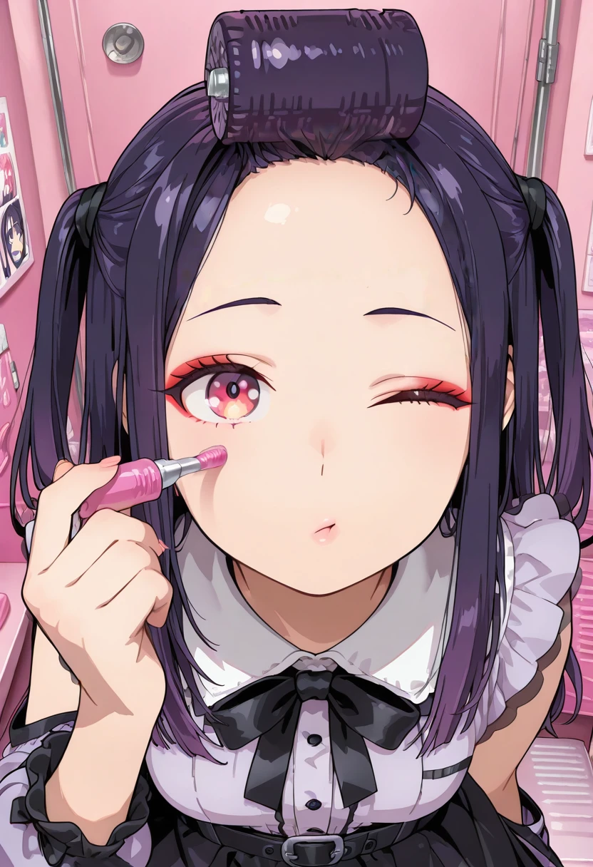 nakamura chizuru, long hair, dark purple hair, hairroller on bangs, forehead, reddish-pink eyes, two side up, idol dress, jirai kei, red eyeshadow, lips, applying own makeup, upper body, wink, perked lips,  indoor, dressing room, sitting, view from above, looking at viewer, , highres,  masterpiece, best quality, amazing quality, very awa, very aesthetic, , <lora:Illust\edit\new\korean_hair_roller_v3.safetensors:1.0:1.0> <lora:Illust\char\illu_Nakamura_Chizuru-63.safetensors:1.0:1.0>