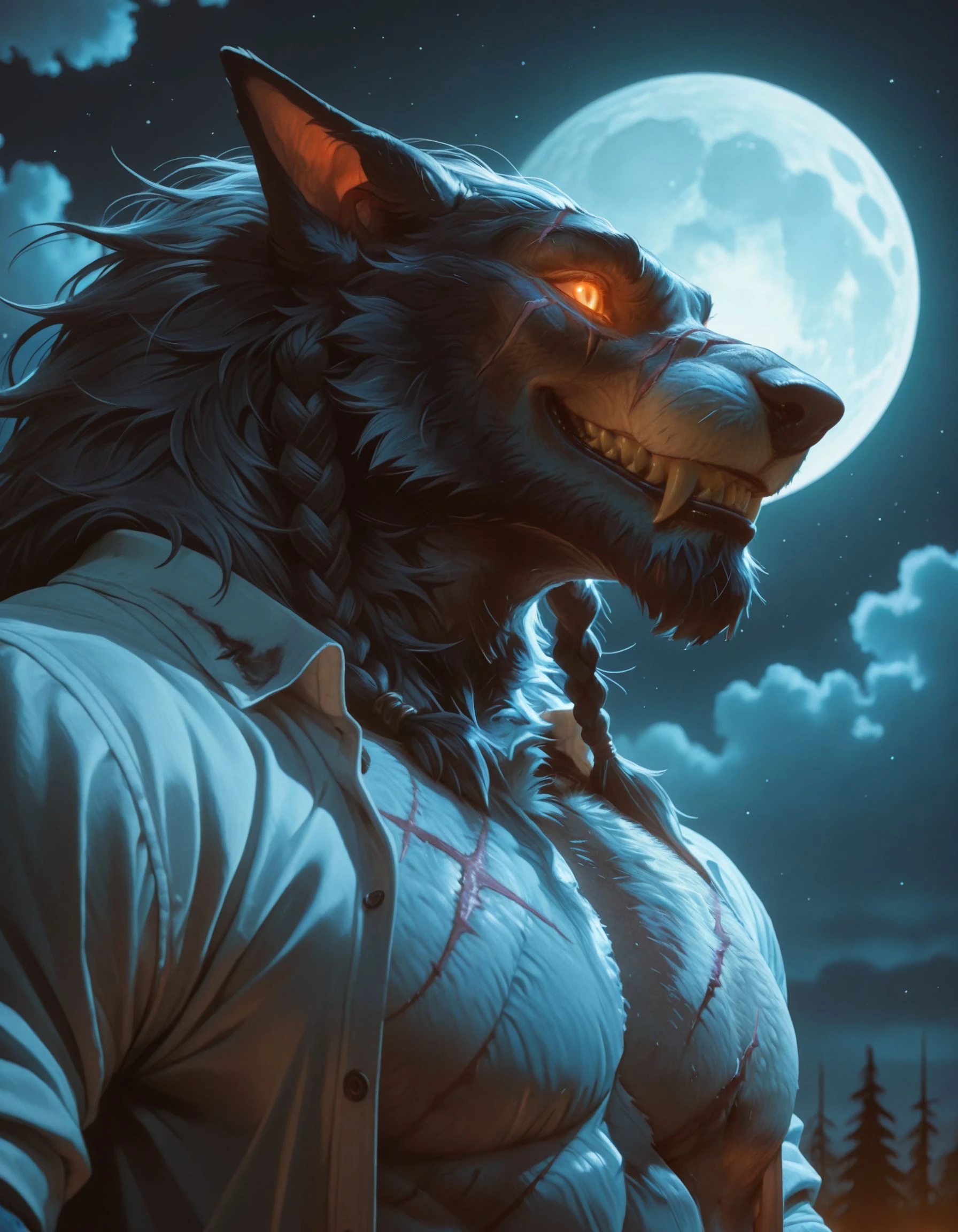 (masterpiece, best quality, very aesthetic, newest, 2024:1.2), (photorealism, photorealistic:1.2), hi res, detailed skin, cinematic contrast, 1boy, male, 
night, full moon, close up, large pectorals, scars, abs, muscular, ((head turned)),looking at moon, side view,  toothy smile, glowing eyes, shredded clothes, tattered shirt, open shirt, 
w0rgen, muscular, sharp teeth, fangs,  fur, hair, mane, glowing eyes, braid, beard,
<lora:Worgen for Illustrious:0.8>, <lora:cryostylev4:0.3>, <lora:Bubblewolf Style Noob V1:0.5>, <lora:J15h1nuILL:0.5>