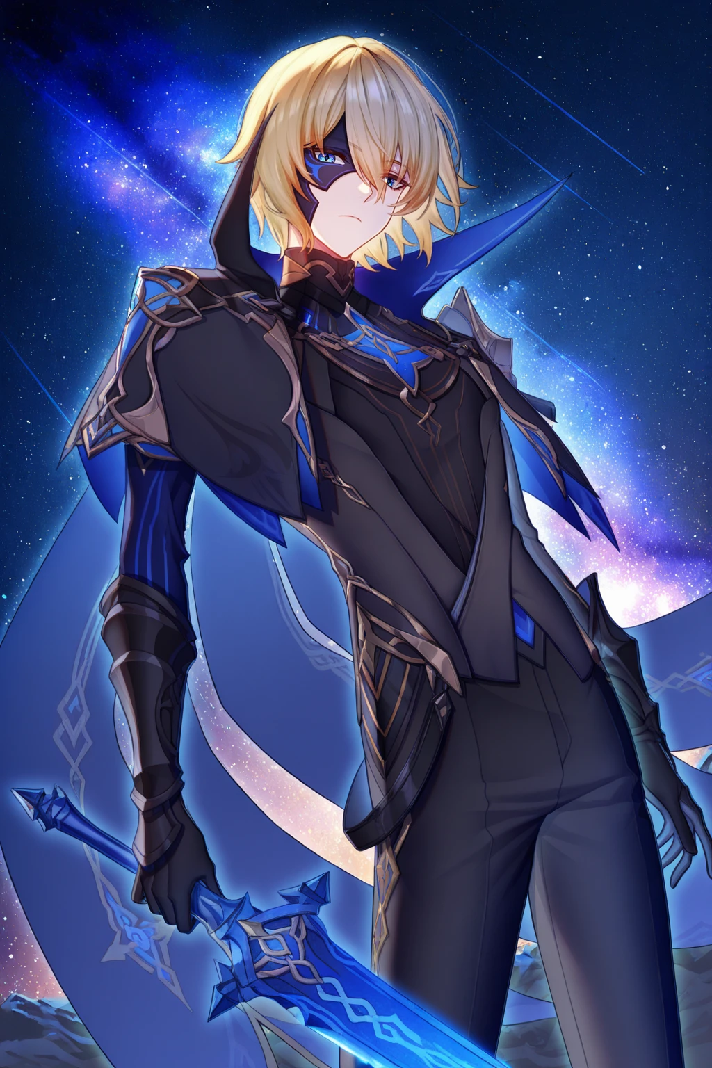 ((16k, best quality, absurdres <lora:AddMicroDetails_Illustrious_v5_1861226:0.25> addmicrodetails)), <lora:LightRiaArt:1> lightria, lightriaart, 1boy, male focus, DainsleifGen, DainsleifGen_Blonde_Hair, DainsleifGen_Blue_Eyes, DainsleifGen_Star_Pupils, DainsleifGen_Half_Mask, DainsleifGen_Long_Cape, DainsleifGen_Dark_Blue_Suit, DainsleifGen_Black_Gloves, DainsleifGen_Pants, holding, holding sword, holding weapon, blue longsword, blue flame, dynamic pose, dynamic angle, expressionless, looking at viewer, night, night sky, star \(sky\), starry sky, nebula, space, outdoors, <lora:Genshin_Dainsleif:0.8>