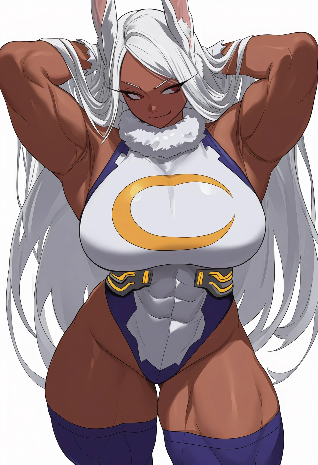 newest, solo, 1girl, dark-skinned female, muscular female, smirk, looking to the side, standing, arms behind head, hands in hair, rabbit ears, animal ear fluff, white hair, long hair, parted bangs, red eyes, long eyelashes, white leotard, blue trim, crescent print, white gloves, blue thighhighs, metal footwear, fur collar, large breasts, simple background, white background
<segment:yolo-Anzhc Face seg 640 v3 y11n.pt,0.5,0.5//cid=11>