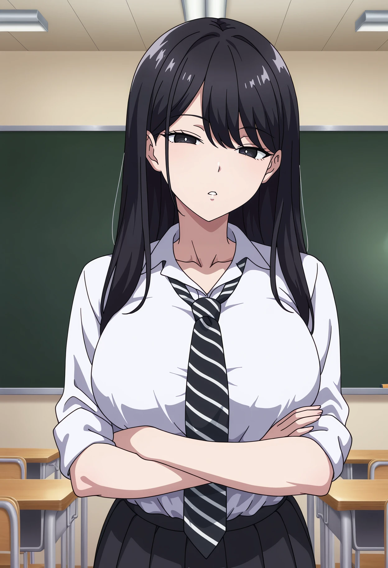 1girl,solo,mm,mature female,long hair,black hair,blck eyes,bangs,breasts,anime coloring,
school uniform,white shirt,necktie,striped necktie,sleeves rolled up,pleated skirt,crossed arms, looking at viewer, parted lips, classroom, 
,masterpiece,best quality,amazing quality,lazypos,lazynsfw,<lora:Hikari_Kuroda-Iribitari_Gal_ni_Maãko_Tsukawasete_Morau_Hanashi-IL:0.9>,<lora:StS-Illustrious-Detail-Slider-v1.0:4>,scenery,