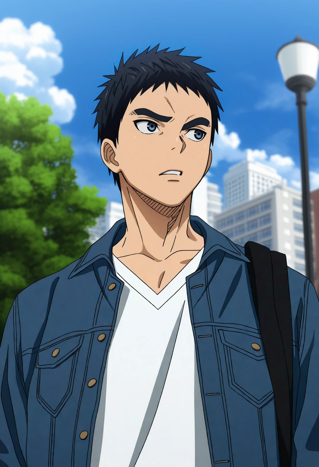 masterpiece,best quality,anime screencap,
1boy,toned male,(manly:0.6),
kyuk10,black hair,short hair,blue eyes,thick eyebrows,
upper body,looking to the side,parted lips,raised eyebrow,
denim jacket,open jacket,white shirt,v-neck,collarbone,
bag,
blue sky,cloud,outdoors,day,tree,lamppost,building,city,
from below,
depth of field,blurry background,atmospheric perspective,
<lora:kasamatsu_yukio_NAI_EPS_1_1_CAME_v1_rev1:1>,âââ