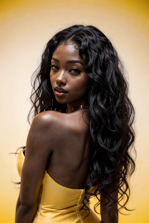 <lora:ebony:.91>, photo of a beautiful Ebony girl, black wavy hair, photoshoot, light yellow background, red High Neck dress, portrait, volumetric lighting,