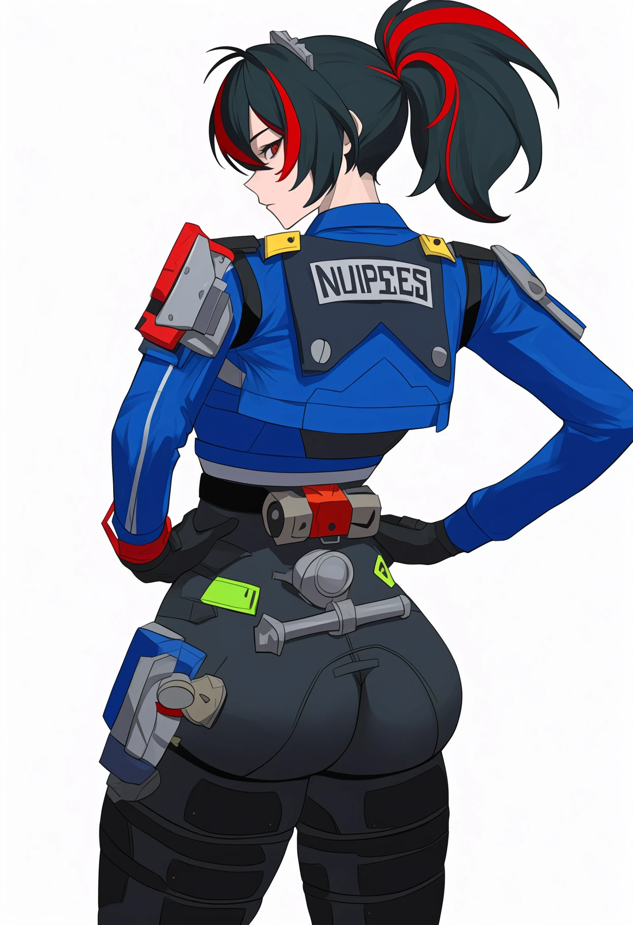 newest, from behind, solo, 1girl, zhyn, expressionless, looking back, looking at viewer, standing, hands on own hips, long hair, streaked hair, black hair, red hair, ponytail, red eyes, police uniform, blue jacket, cropped jacket, open jacket, long sleeves, clothes writing, black gloves, black pants, high-waist pants, black belt, ass, simple background, white background
<segment:yolo-Anzhc Face seg 640 v3 y11n.pt,0.5,0.5//cid=11>
