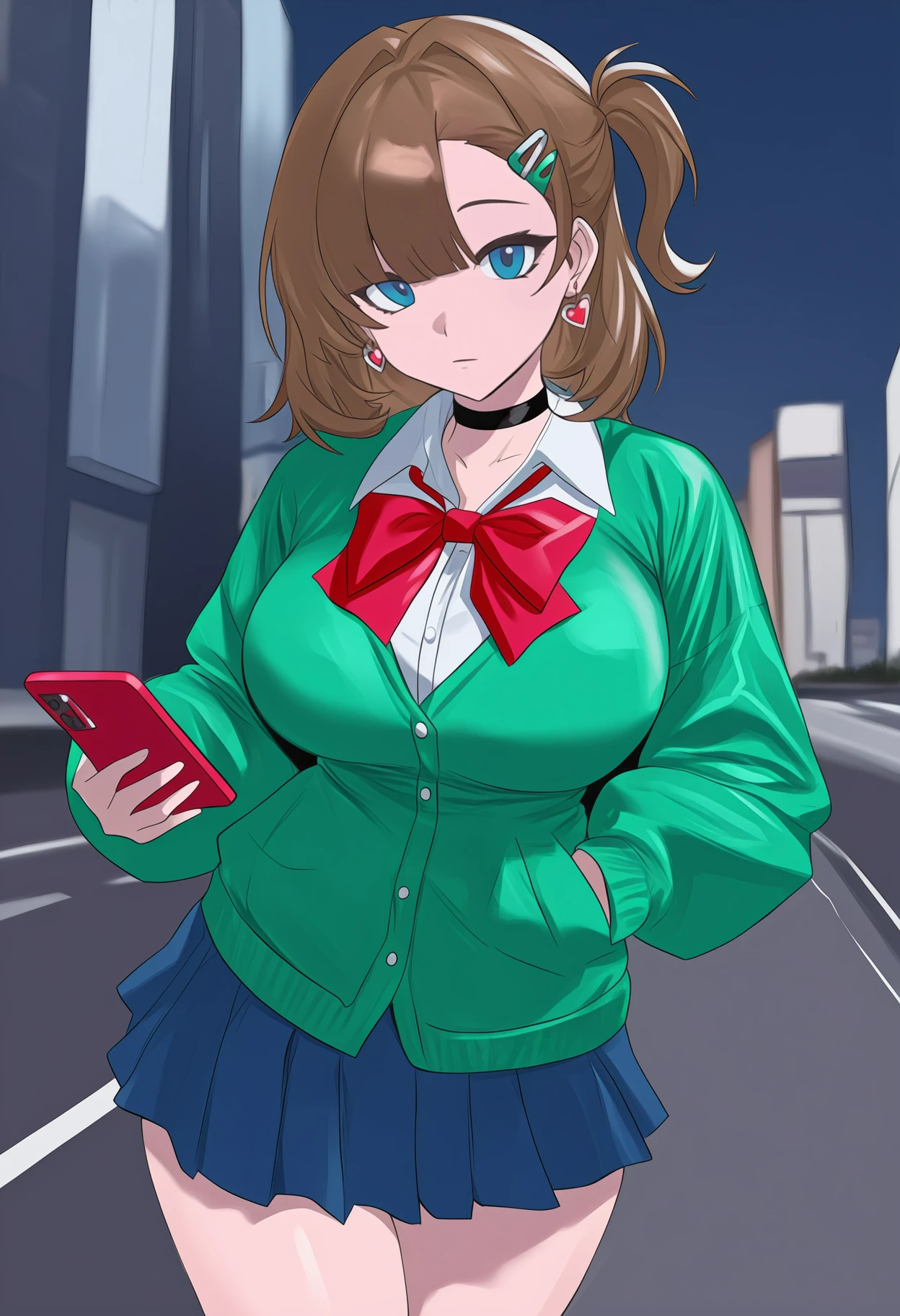 newest, cowboy shot, solo, 1girl, expressionless, looking at viewer, standing, hand in pocket, holding phone, medium hair, brown hair, asymmetrical bangs, one side up, hairclip, blue eyes, green cardigan, puffy long sleeves, white shirt, collared shirt, red bowtie, blue skirt, pleated skirt, miniskirt, heart earrings, black choker, large breasts, outdoors, urban, city, building, road, street
<segment:yolo-Anzhc Face seg 640 v3 y11n.pt,0.5,0.5//cid=11>