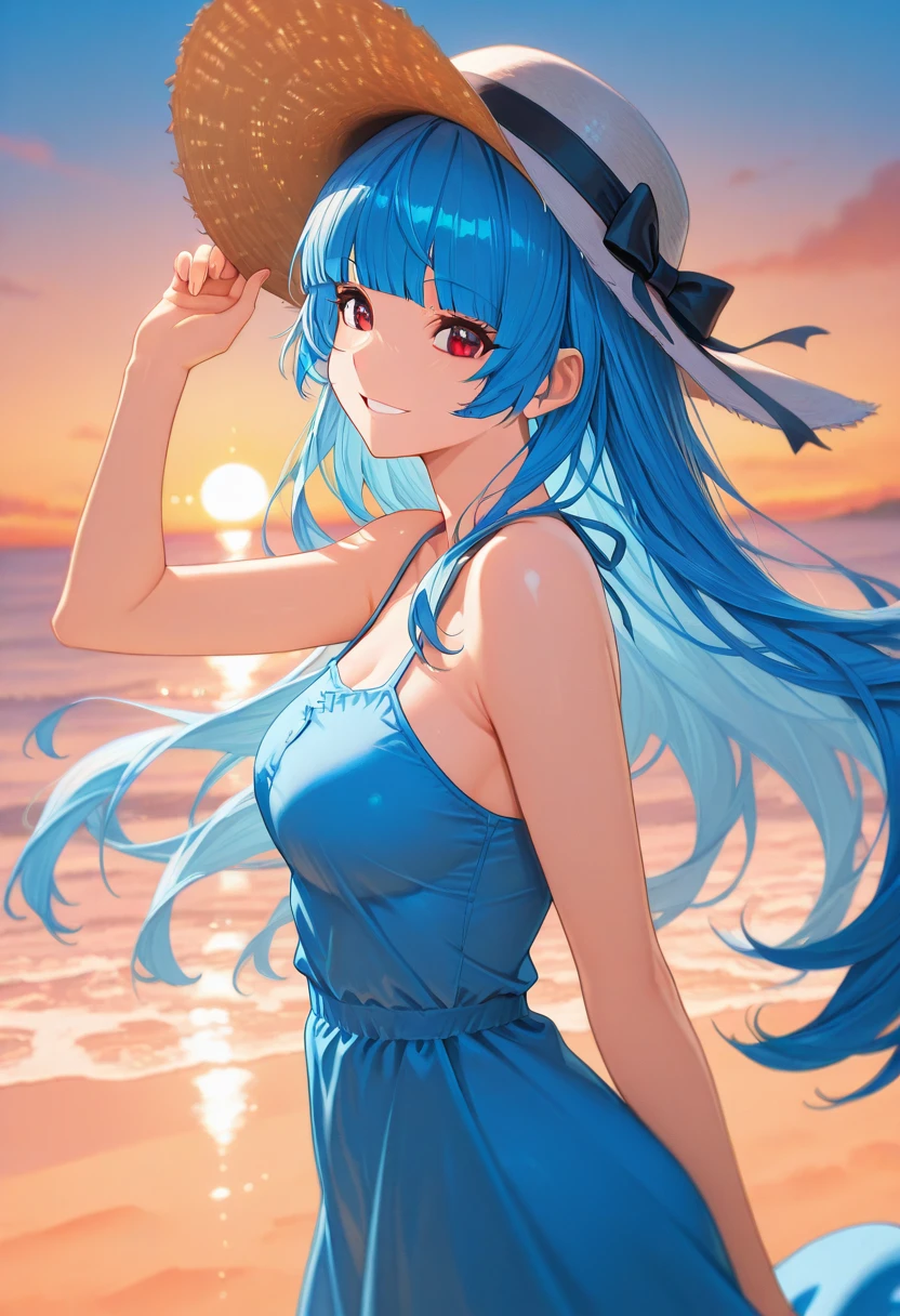 masterpiece, best quality, newest, absurdres, highres , <lora:KulaDiamondIllustrious:1>, KVL4KOF, blue hair, hime cut, blunt bangs, blue sundress, flowing hair, smile, looking at viewer, holding headwear, sunhat, 1girl, solo, beach, sunset, from side,