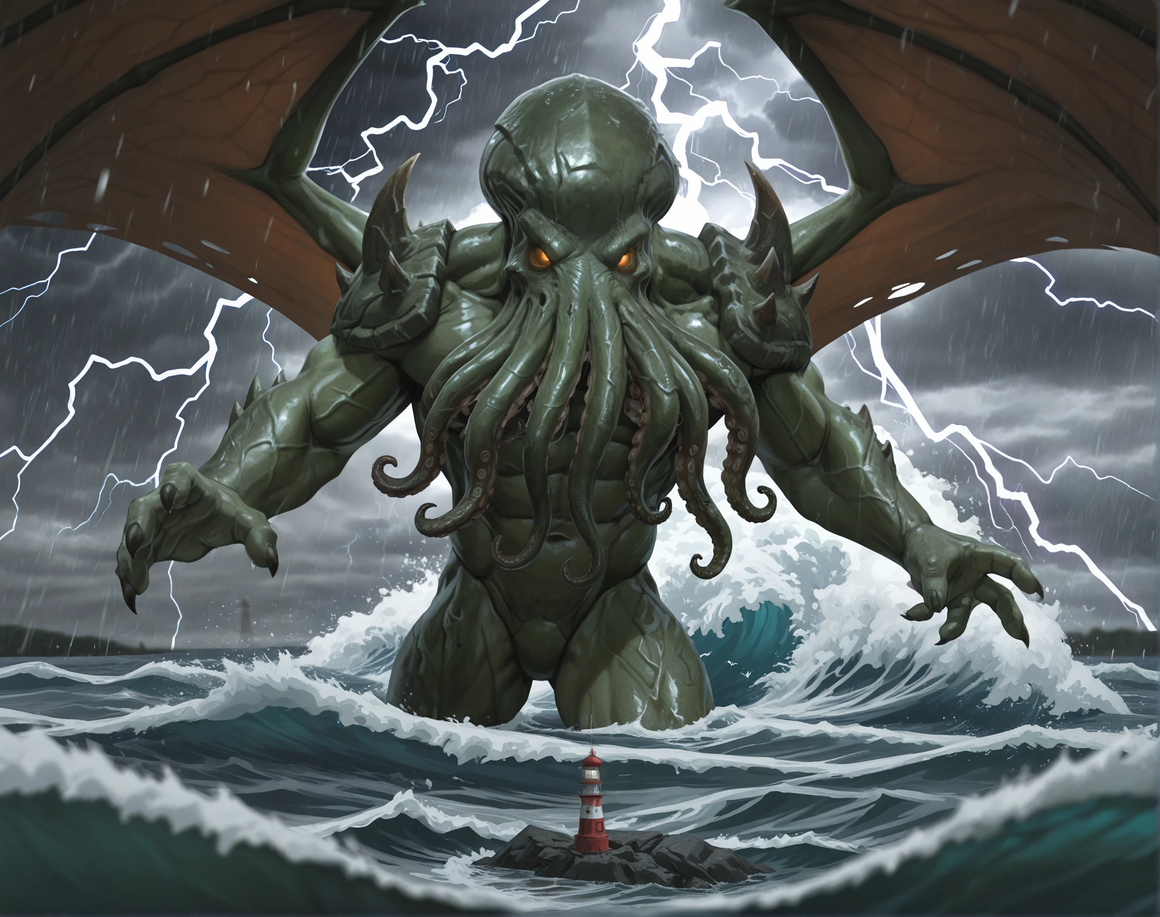 perfect anatomy, masterpiece, perfect quality, best quality, amazing quality, detailed, newest, very aesthetic,
, (((depth of field))), overcast, dark clouds, storm, ((ocean)), waves, rough water, lightning, ((giant)), massive, lighthouse, dark, flash of lightning, in water, partially submerged,
cthu1hu, eldritch abomination, lovecraft, monster, creature, horror (theme), face tentacles, tentacles, wings, claws, muscular, glowing, glowing eyes, green skin, plated body, octopus head, shoulder spikes, arm spikes, green skin,
<lora:Cthulhu for Illustrious:0.75>