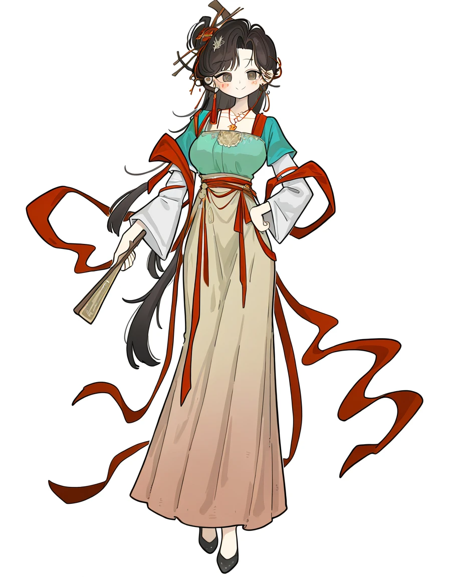 1girl, jiu niangzi, 
looking at viewer, solo, simple background, facial mark, flower, earrings, brown eyes, skirt, white background, hanfu, hair ornament, chinese clothes, jewelry, hair stick, holding fan, wide sleeves, black hair, holding, tassel earrings, hand on own hip, shawl, standing, hand fan, short sleeves, layered sleeves, long sleeves, long skirt, smile, tassel, shoes, kunumi hugyun \(style\), full body, short over long sleeves, sidelocks, hair bun, single side bun, hagoromo, black footwear,
masterpiece, best quality, very aesthetic, newest, absurdres, incredibly absurdres
 <lora:kunumi-000024:1> <lora:jiuniangzi:0.8>