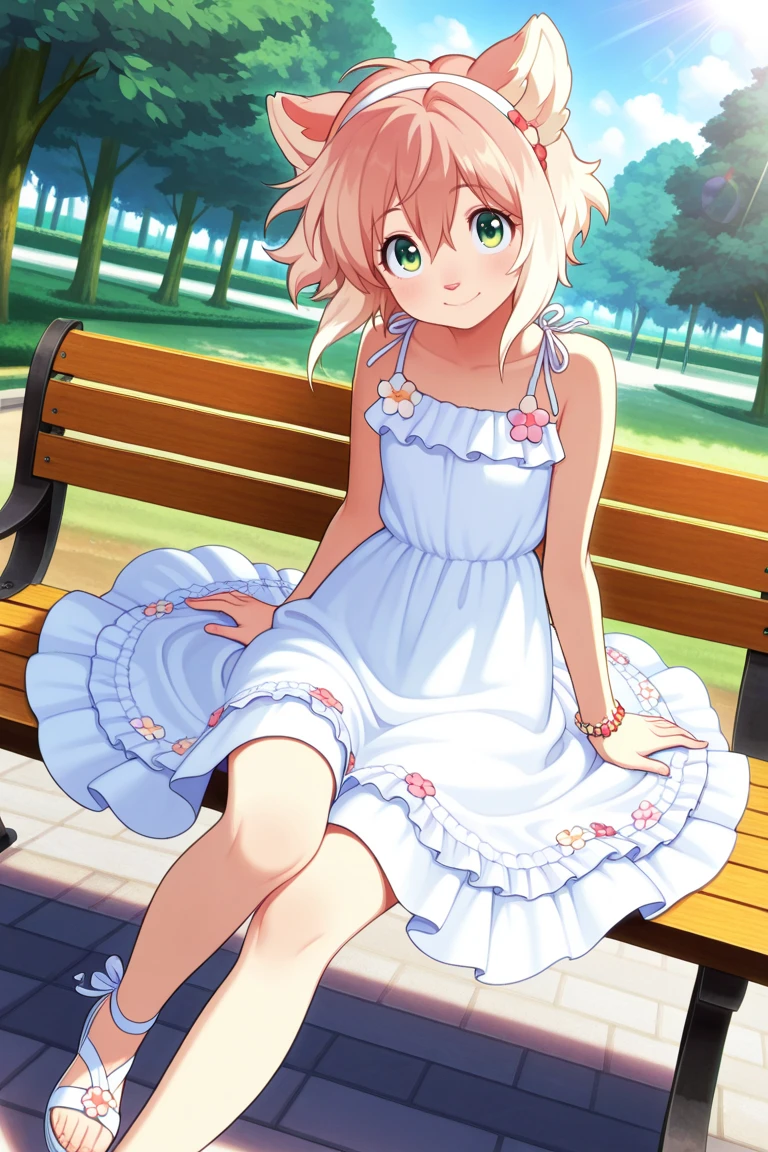 1boy, mio, solo, green eyes, animal nose, white dress, sundress, sleeveless dress, hairband, white sandals, bracelet, sitting, on bench, park, outdoors, spinning around, flare skirt, looking at viewer, dynamic angle, blush, happy, BREAK ((ultra-detailed)), ((best quality)), ((beautiful eyes)), ((extremely detailed)), 4K, (8K), best quality, (beautiful), Master piece, highres, best quality, official art, highres, masterpiece, detailed background, high quality background,