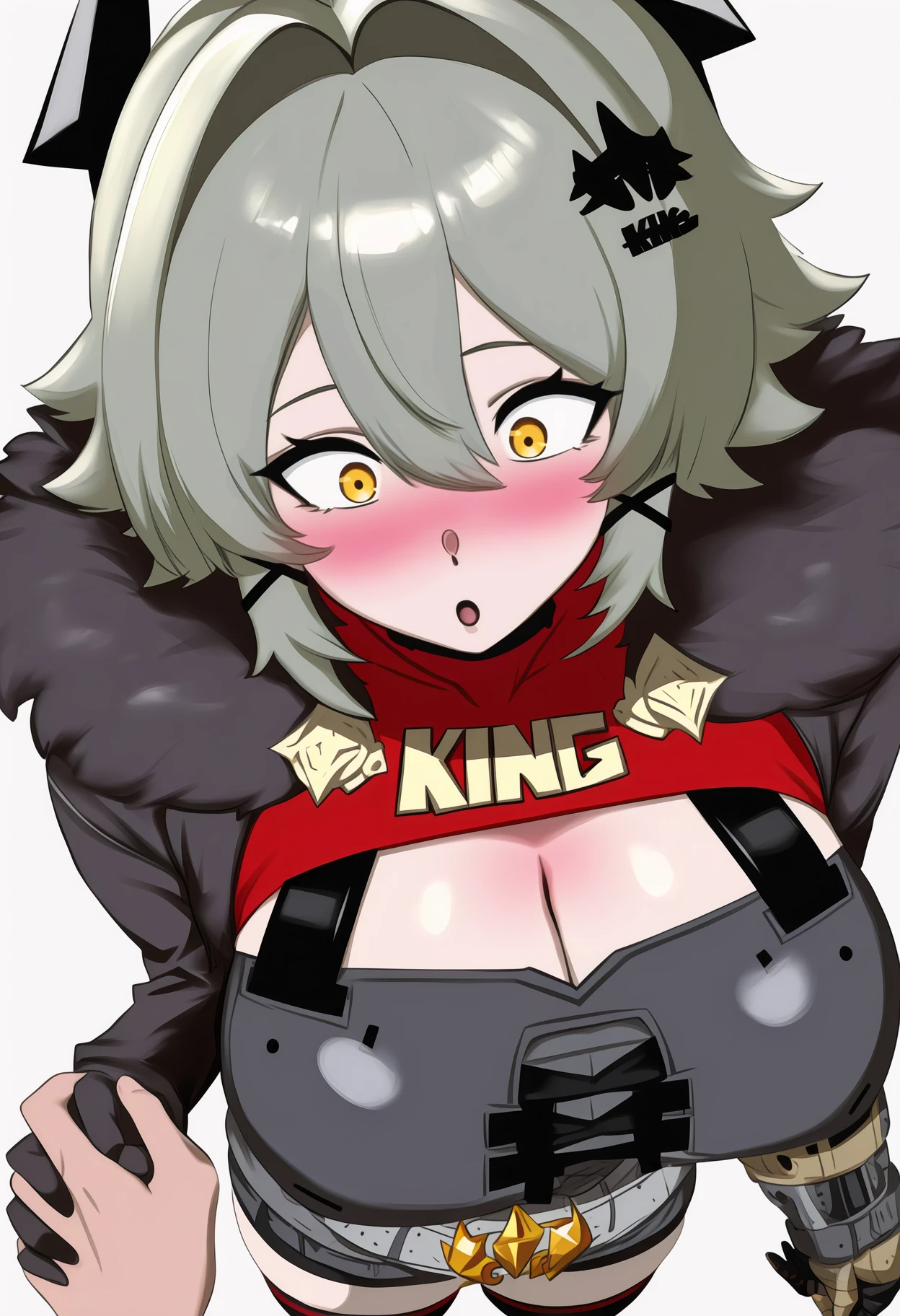 newest, pov, pov hands, 1boy, holding hands, 1girl, kgc, blush, :o, standing, green hair, yellow eyes, wide-eyed, hair intakes, hair between eyes, sidelocks, low ponytail, x hair ornament, hair ornament, fake horns, large breasts, single mechanical arm, fur-trimmed jacket, cropped jacket, black jacket, grey dress, cleavage, black chest guard, red turtleneck, clasp, strap, grey belt, belt buckle, harness, black shorts, white boots, black thighhighs, single glove, black glove, simple background, white background
<segment:yolo-Anzhc Face seg 640 v3 y11n.pt,0.5,0.5//cid=11>