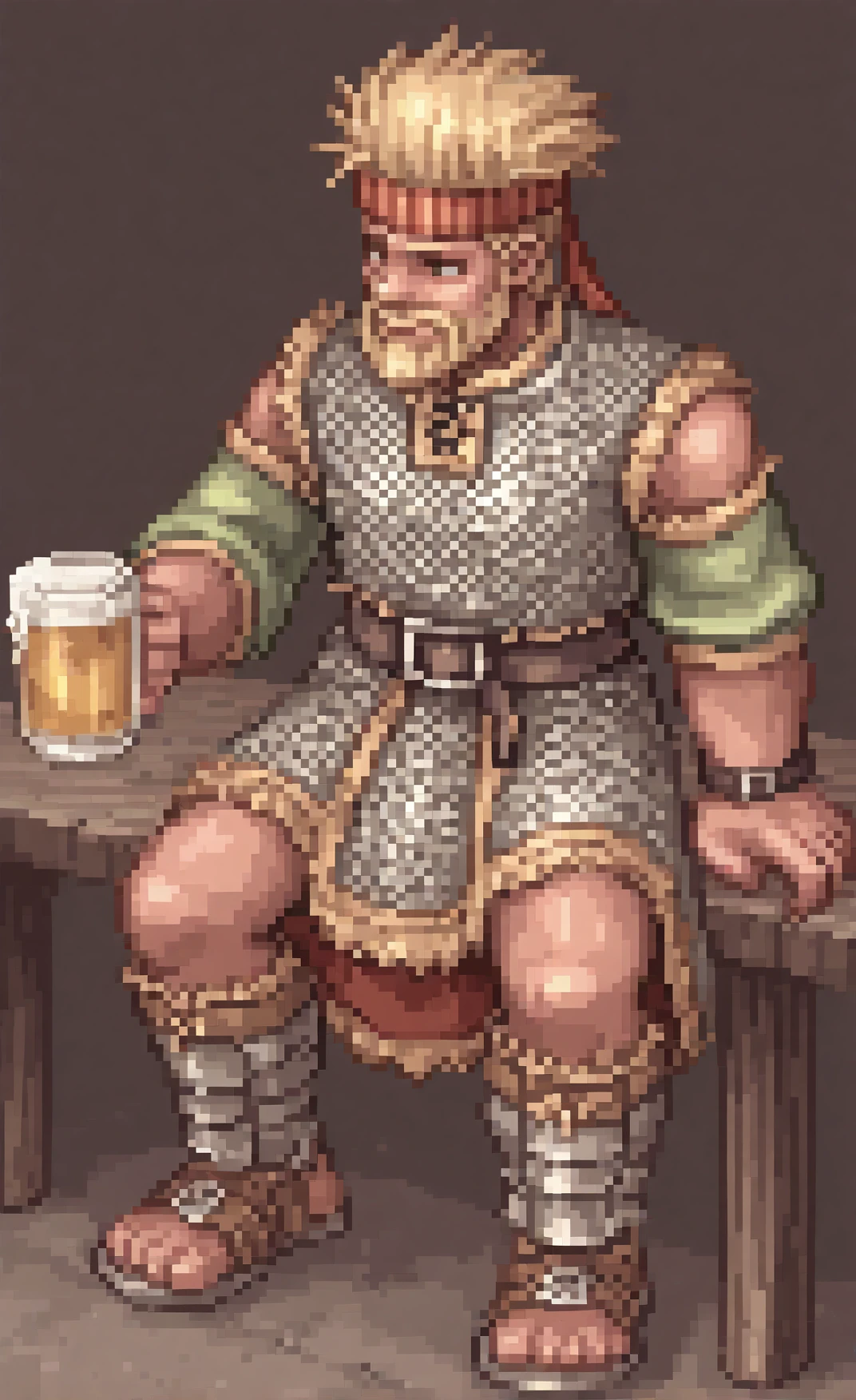 1boy, Thorkell, beard, chainmail armor, belt, headband, short green sleeves, <lora:Thorkell_Illustrious-000007:0.75>, sitting at table, drinking beer <lora:ROSprites:1> full body, Ragnarok online character, ROSPRITE, masterpiece, best quality, newest, absurdres, highres, new