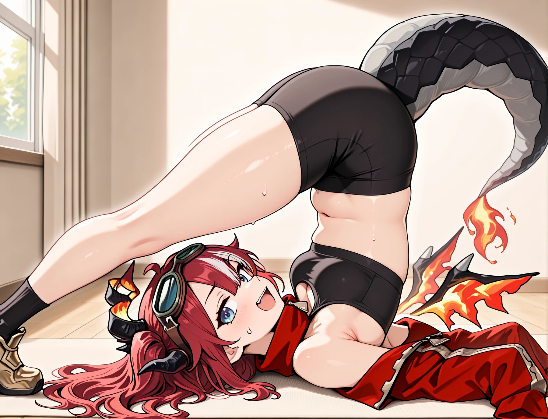 <lora:LECO-mature_female_XL(ill)v11:1> , <lora:Curvier:1>plump, thick thighs, wide hips, curvy,
<lora:SayaSairroxsPC:1> Sayaxx, blue eyes, red hair, white streaked hair, hair between eyes, bangs, sidelocks, long hair, asymetrical horns, flame wings, dragon tail, fire on tail, goggles on head, mainoutfit, zipped neck warmer, cleavage, black halterneck, crop top, off shoulder jacket, red jacket, partially unzipped, navel, sleeves past fingers, bare shoulders, belts, pouch, black shorts, bandaged leg, black socks, gold footwear,
<lora:Plow_pose:1> plow pose, inverted pose, lying on back, legs over head, flexibility, yoga pose, laughing, sweatdrop, folded, looking at viewer,, IllusP0s, masterpiece, best quality, amazing quality, very aesthetic, absurdres, newest, Smooth_Quality