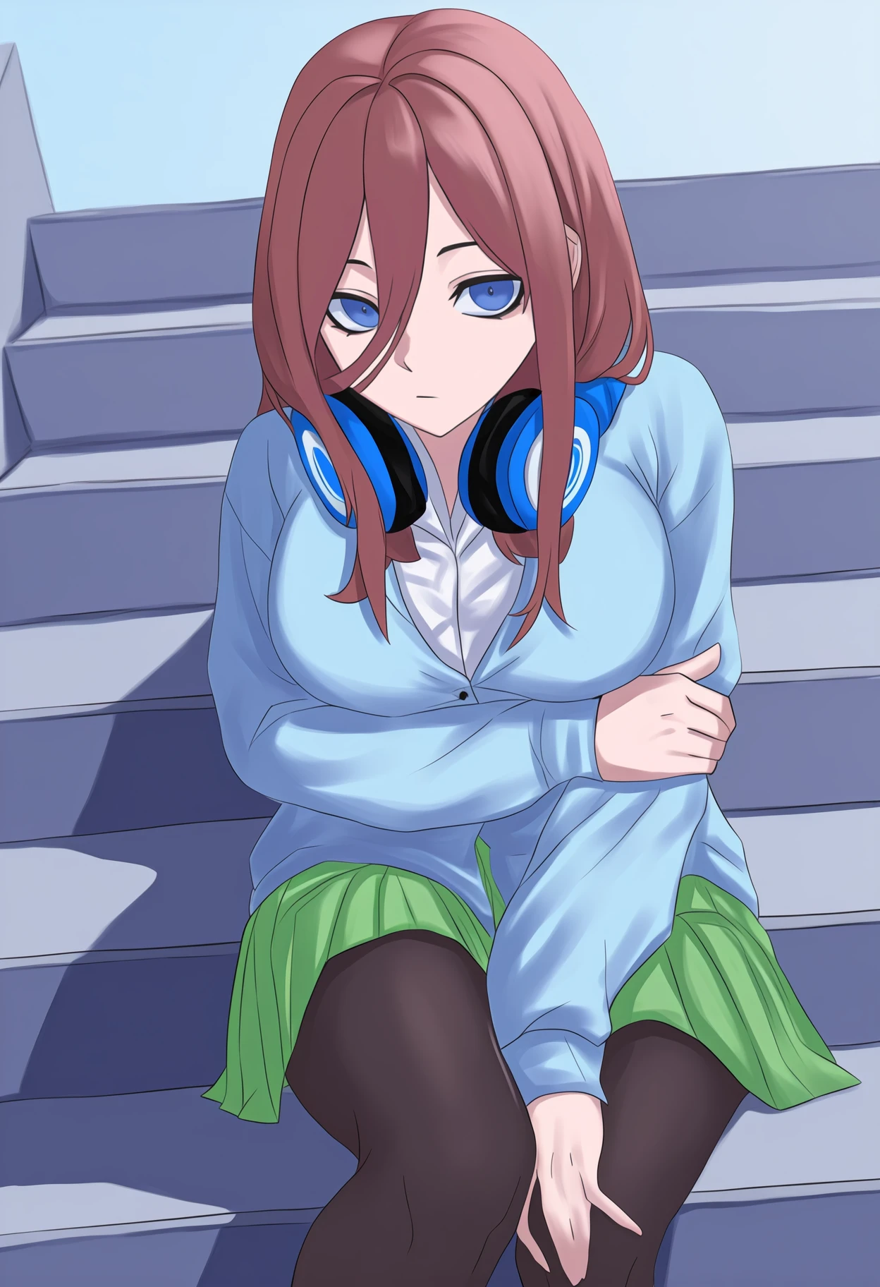 newest, feet out of frame, solo, 1girl, nknmkdef, expressionless, looking at viewer, sitting, on stairs, hand on own arm, blue eyes, long hair, brown hair, hair between eyes, large breasts, headphones around neck, school uniform, white shirt, blue cardigan, long sleeves, green skirt, pleated skirt, miniskirt, black pantyhose, outdoors, day
<segment:yolo-Anzhc Face seg 640 v3 y11n.pt,0.5,0.5//cid=11>