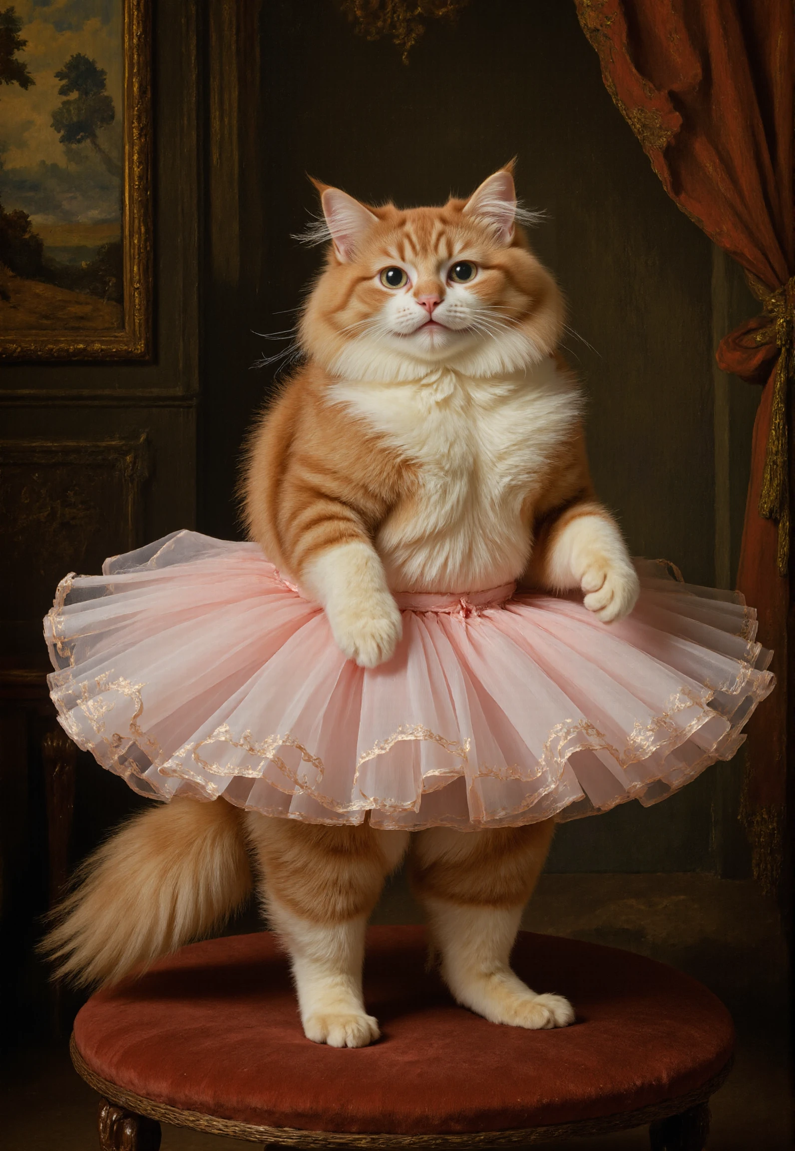 Rembrandt style <lora:redcat:1>, "The Meowna Lisa" â Regal Baroque Portrait
*This is a high-resolution, CGI-rendered portrait of a fluffy Persian cat in a ballet tutu, styled like a Baroque-era royal painting. The cat perches elegantly on a velvet cushion, its tutu a soft pink against its rich orange and white fur. Its gaze is dignified yet playful, capturing the grandeur of 17th-century portraiture. The background features dramatic drapery and an ornate gilded frame within the frame, with soft chiaroscuro lighting enhancing the depth. A faint smirk plays on the catâs face, as if it knows itâs the star of the paintingâmuch like the confident subjects of old master portraits.* . Baroque, chiaroscuro, realistic, emotional, "flat lighting