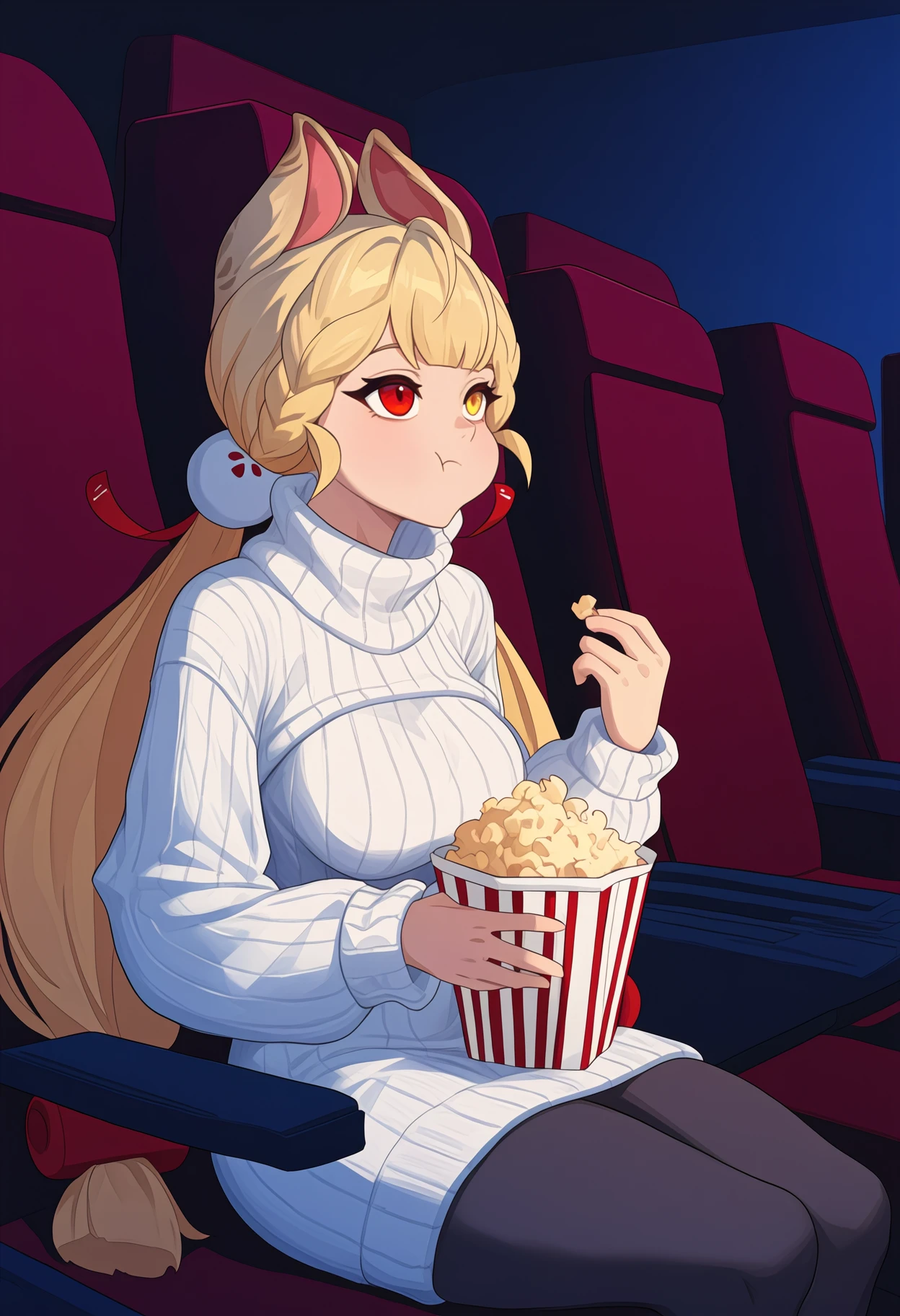 newest, solo, 1girl, al1c3def, eating, :t, looking ahead, sitting, on chair, holding popcorn, long hair, blonde hair, low twintails, braid, hair bobbles, hair ribbon, red ribbon, animal ears, heterochromia, red eyes, yellow eyes, white sweater, sweater dress, ribbed sweater, turtleneck sweater, long sleeves, black pantyhose, indoors, movie theater
<segment:yolo-Anzhc Face seg 640 v3 y11n.pt,0.5,0.5//cid=11>