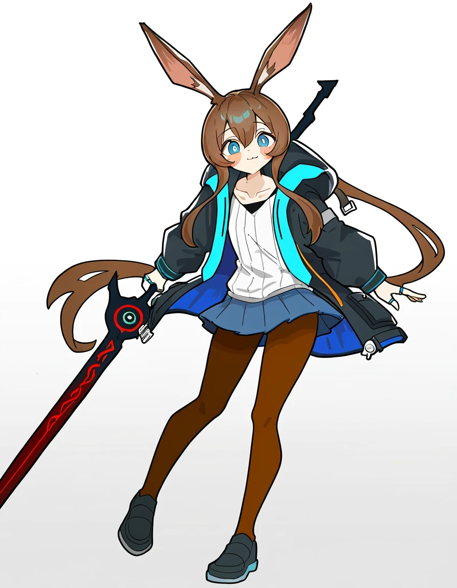 1girl, amiya \(arknights\), 
looking at viewer, solo, simple background, long sleeves, very long hair, :3, skirt, jacket, brown pantyhose, black jacket, open jacket, collarbone, full body, sword, shoes, closed mouth, white shirt, black footwear, smile, kunumi \(genshin impact\) \(cosplay\), holding weapon, pleated skirt, animal ears, loafers, weapon, shirt, brown hair, standing, pantyhose, holding sword, blush stickers, blue skirt, holding, long hair, sidelocks, rabbit ears, cosplay, rabbit girl, white background, open clothes, blue eyes,
masterpiece, best quality, very aesthetic, newest, absurdres, incredibly absurdres
 <lora:kunumi-000024:1>