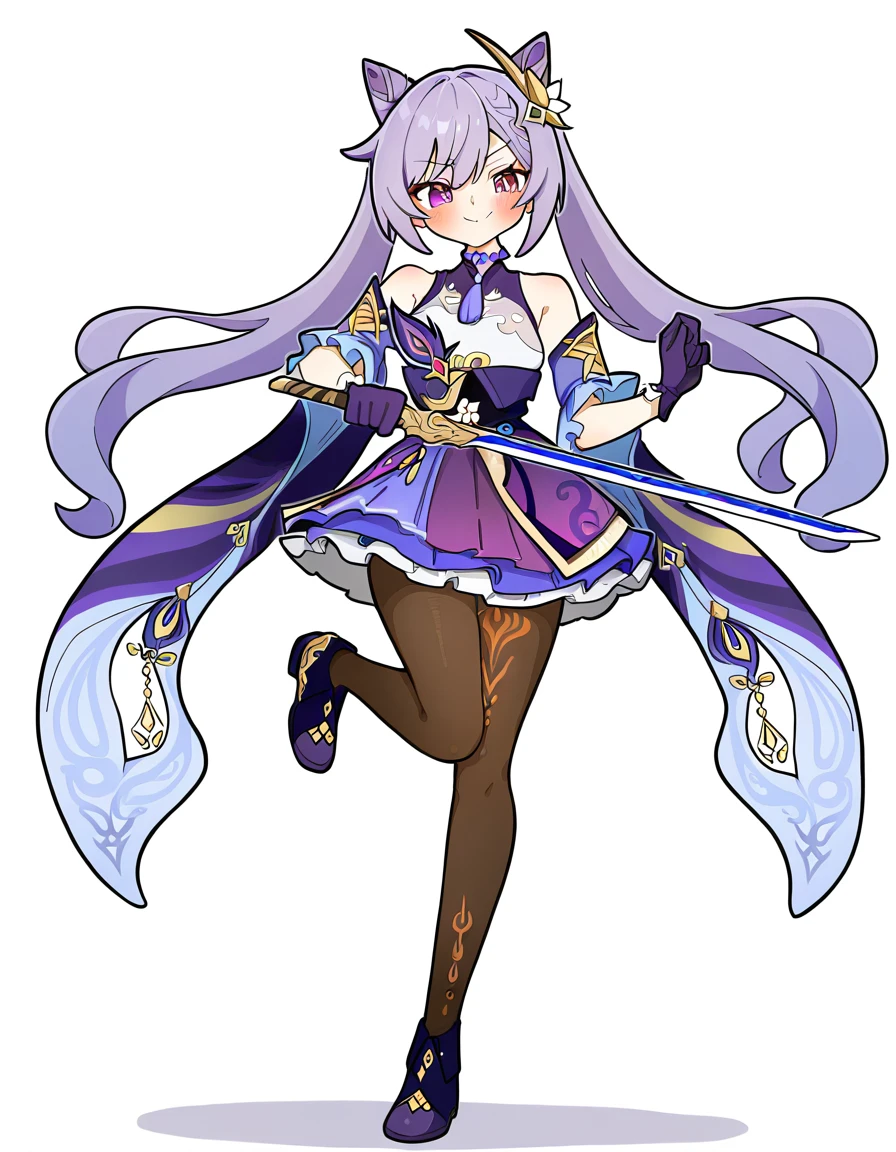 1girl, keqing \(genshin impact\), 
looking at viewer, solo, simple background, purple eyes, holding, white background, smile, holding sword, twintails, blush, long hair, detached sleeves, brown footwear, skirt, standing on one leg, bare shoulders, dress, holding weapon, cosplay, very long hair, full body, cone hair bun, closed mouth, medium breasts, standing, purple gloves, alternate costume, black dress, shoes, gloves, purple hair, breasts, hair bun, kunumi hikikomori \(cosplay\), black pantyhose, sword, frilled skirt, frills, pantyhose, weapon,
masterpiece, best quality, very aesthetic, newest, absurdres, incredibly absurdres
 <lora:kunumi-000024:1>
