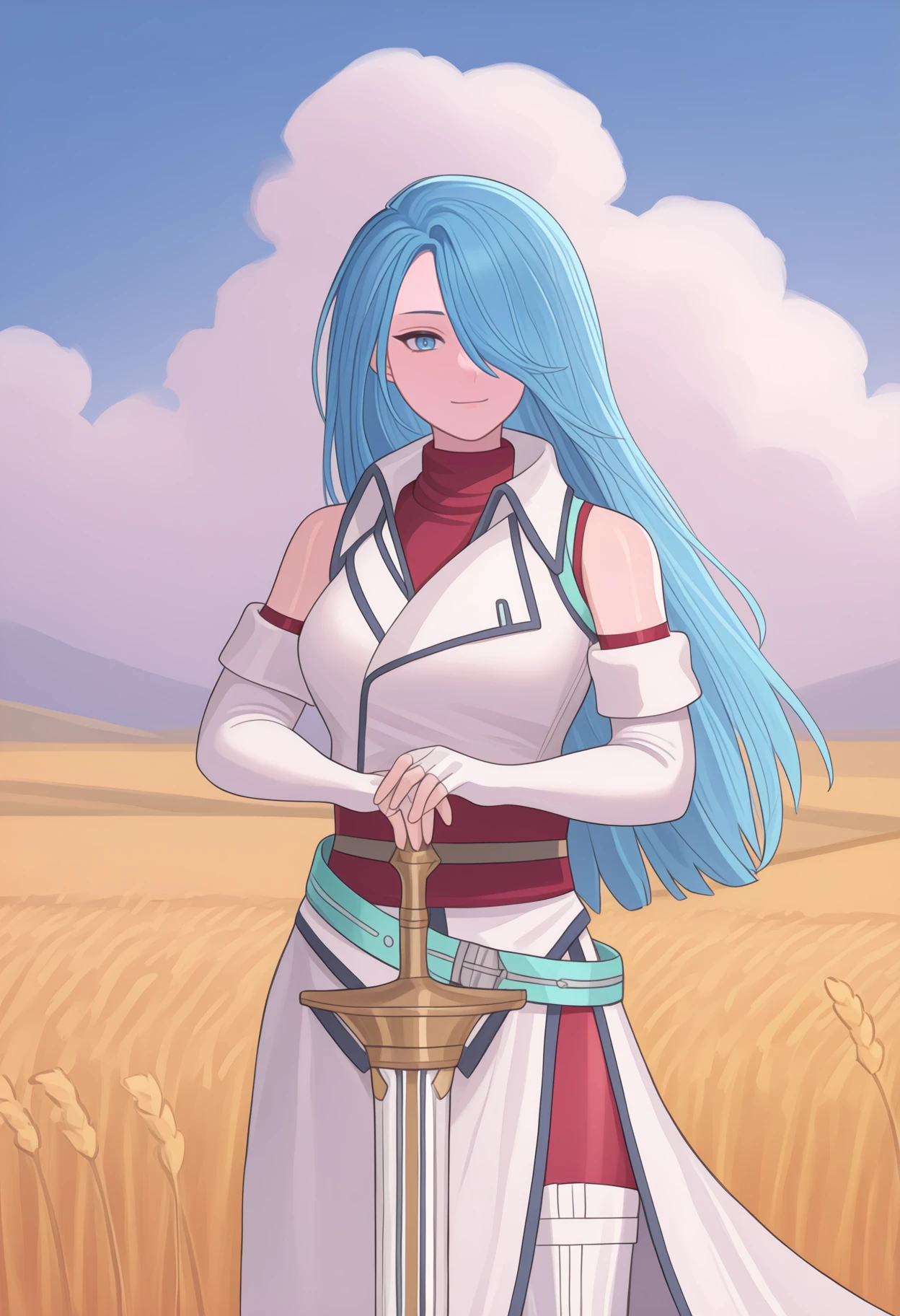 newest, cowboy shot, solo, 1girl, p0rLuc, slight smile, looking at viewer, standing, hands on hilt, planted sword, blue hair, hair over one eye, long hair, blue eyes, white jacket, bare shoulders, red turtleneck, elbow gloves, white gloves, fingerless gloves, red sash, teal belt, red pantyhose, white skirt, long skirt, side slit, thigh boots, white footwear, outdoors, day, cloud, wheat field, path
<segment:yolo-Anzhc Face seg 640 v3 y11n.pt,0.5,0.5//cid=11>