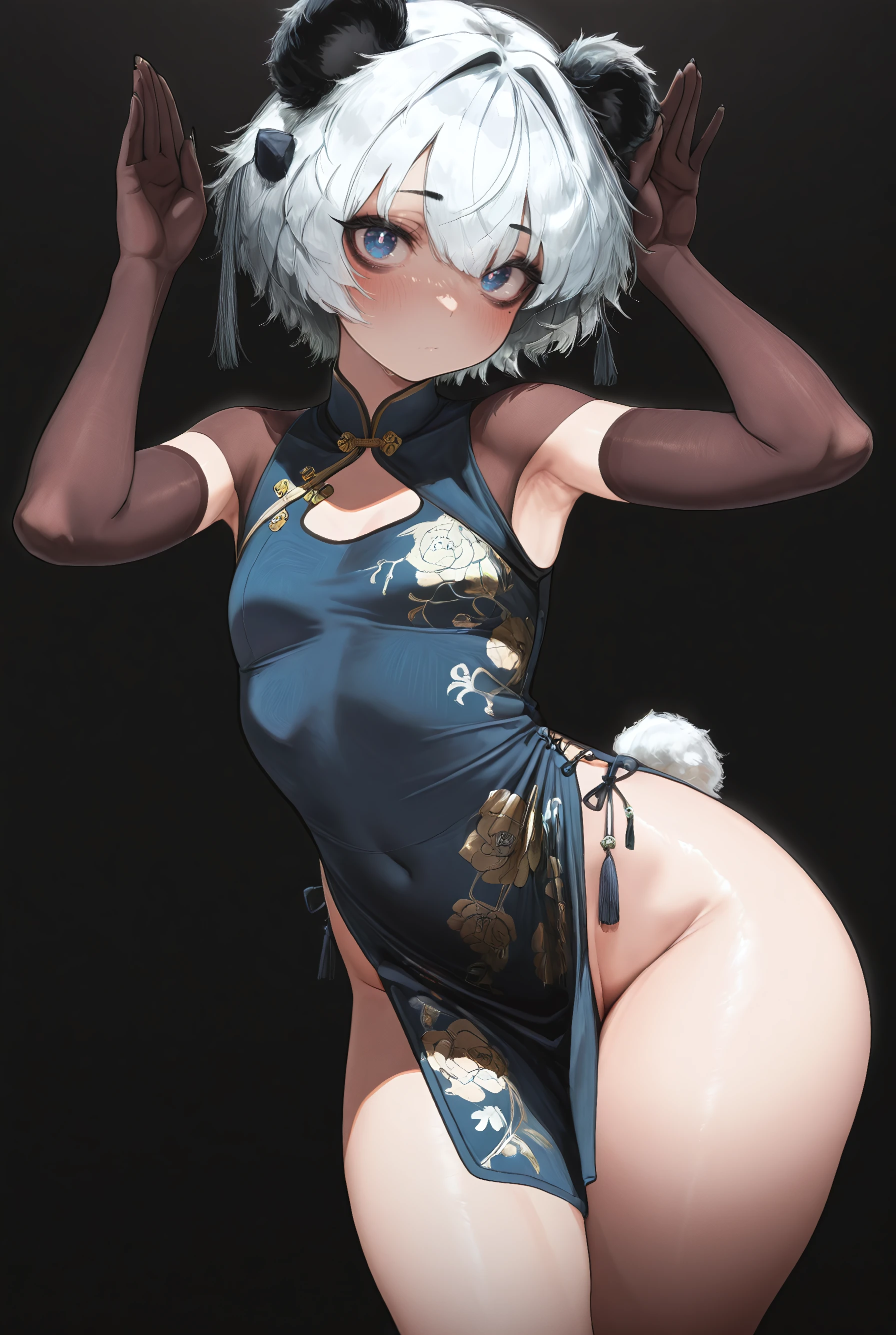 (), masterpiece, best quality, amazing quality, very aesthetic, (black background), solo, (panda girl, small , wide ), chinese dress