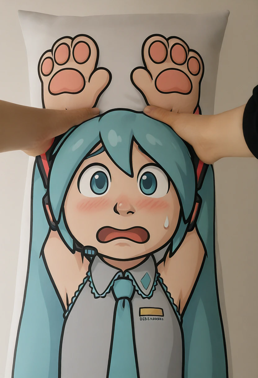 <lora:pillow_sus-il>, mikus-concept, realistic human hands, dakimakura BREAK, blush, hands up, simple background, BREAK, human, hatsune miku, hatsune miku costume, blue eyes, blue hair, long hair