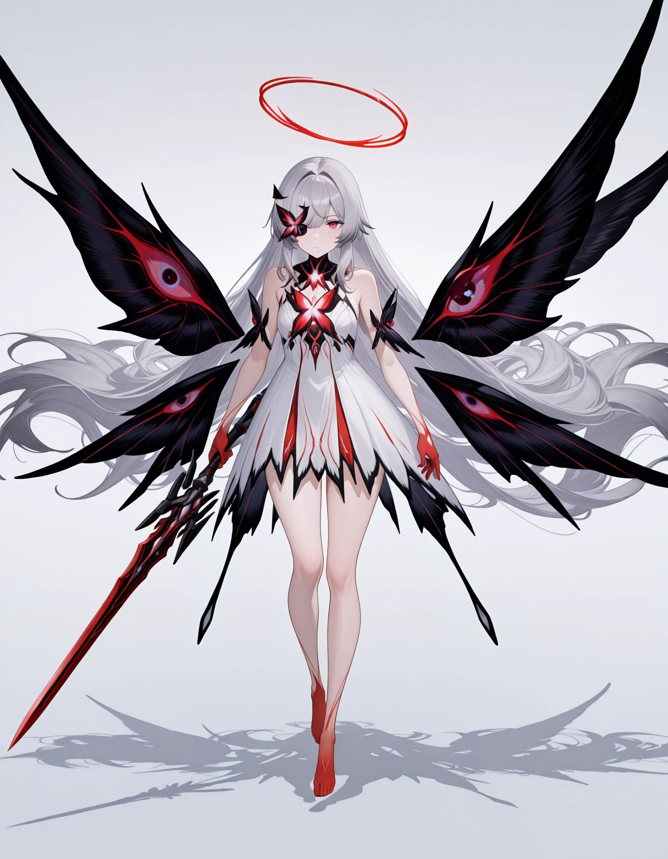masterpiece,best quality,amazing quality,very aesthetic,high resolution,ultra detailed,perfect details,
1girl,solo,looking_at_viewer,shadow,full_body,<lora:mai_pgr_chaos:0.8>,maipgrchaos,very_long_hair,red_eyes,bare_shoulders,grey_hair,sidelocks,butterfly over eye,white_dress,floating,multiple_wings,barefoot,no halo,red halo,holding_sword,
<lora:maipgrstyle:2.2>,maipgrstyle,