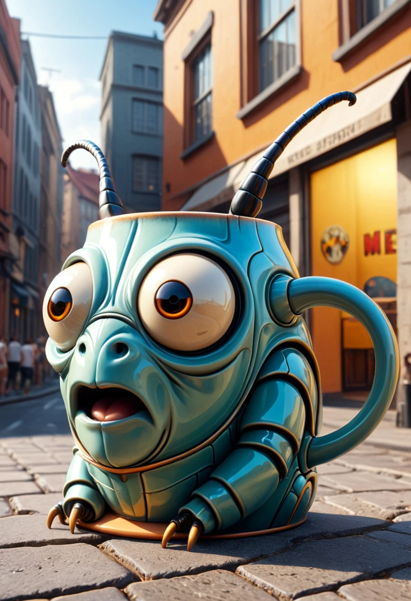 A beetle as a mug in mobe-ancofmu style, anthropomorph, from side angle, in a urban background, masterpiece, absurdres, dynamic angle, highly detailed, <lora:AnthropomorphicCoffeeMugV2.0:0.90>,