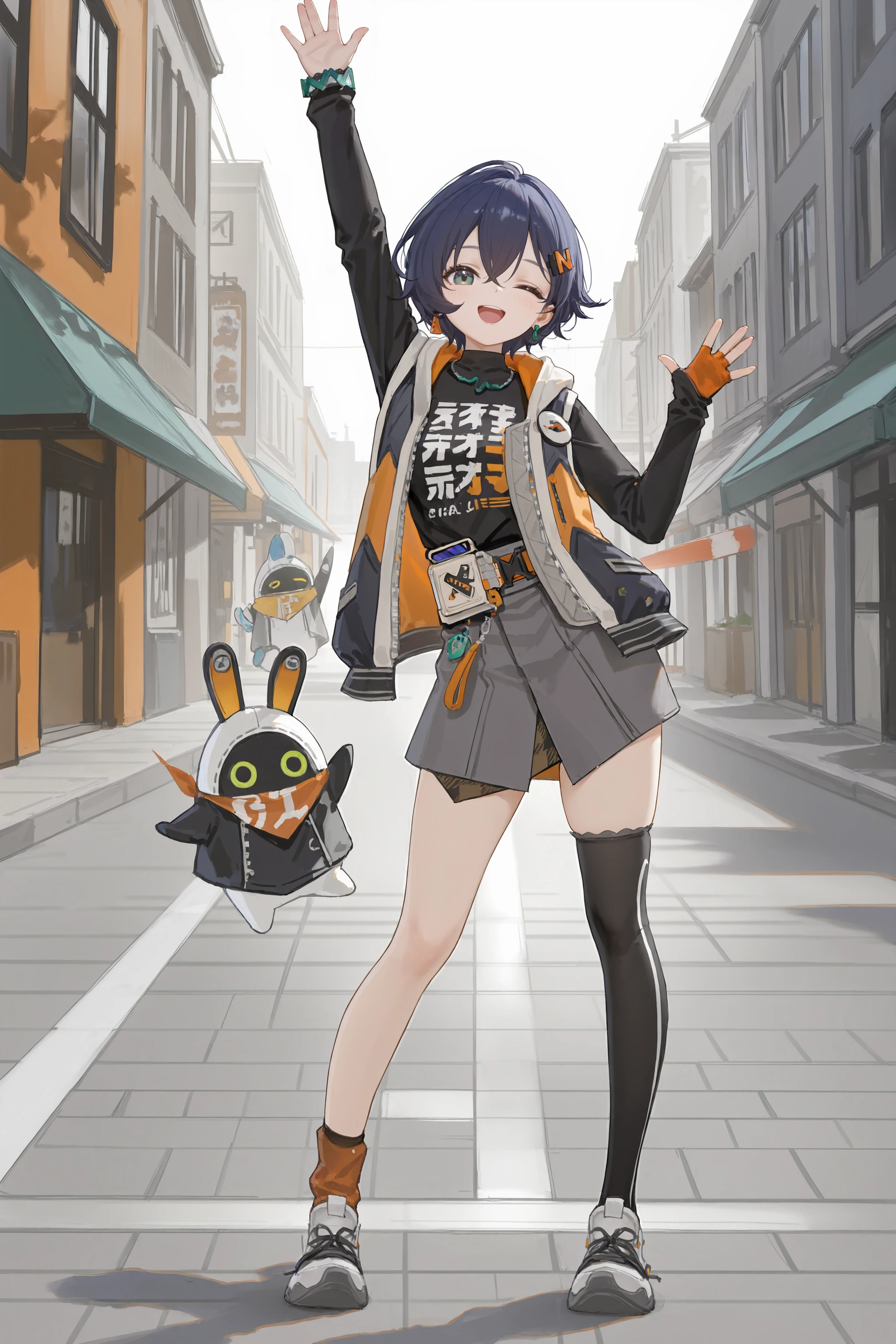 1girl, belle \(zenless zone zero\), solo, letter hairclip, earrings, necklace, black shirt, sleeveless hooded jacket, single fingerless glove, single fingerless glove, bracelet, grey layered skirt, single black thighhigh, single orange sock, asymmetrical legwear, sneakers, full body, standing, contrapposto, smiling, open mouth, one eye closed, looking at viewer, waving, floating hair, outdoors, street <lora:Char-ZZZ-Belle-V2-IL:0.9:hr=0.6>, (fkey:0.5), (fuzichoco:0.6), ningen mame, sho lwlw, (rhasta:0.9), (wlop:0.7), (ke-ta:0.6), chen bin, (hyouuma:0.8)
masterpiece, best quality, amazing quality, very aesthetic, absurdres, newest, (scenery, volumetric lighting)