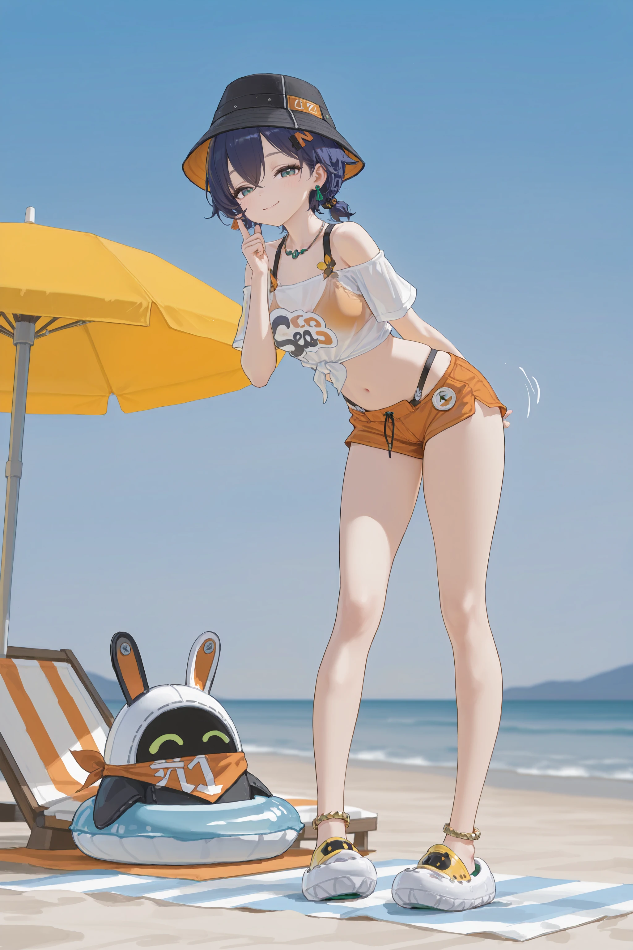 1girl, belle \(zenless zone zero\), solo, letter hairclip, earrings, necklace, low twintails, black bucket hat, off-shoulder crop top, bikini under clothes, orange sports bikini, orange short, anklet, crocs, looking at viewer, seductive smile, ecstasy, gasping, finger to cheek, standing, contrapposto, full body, beach, ocean, blue sky, beach mat, beach umbrella, depth of field <lora:Char-ZZZ-Belle-V2-IL:0.9:hr=0.6>, (fkey:0.5), (fuzichoco:0.6), ningen mame, sho lwlw, (rhasta:0.9), (wlop:0.7), (ke-ta:0.6), chen bin, (hyouuma:0.8)
masterpiece, best quality, amazing quality, very aesthetic, absurdres, newest, (scenery, volumetric lighting)