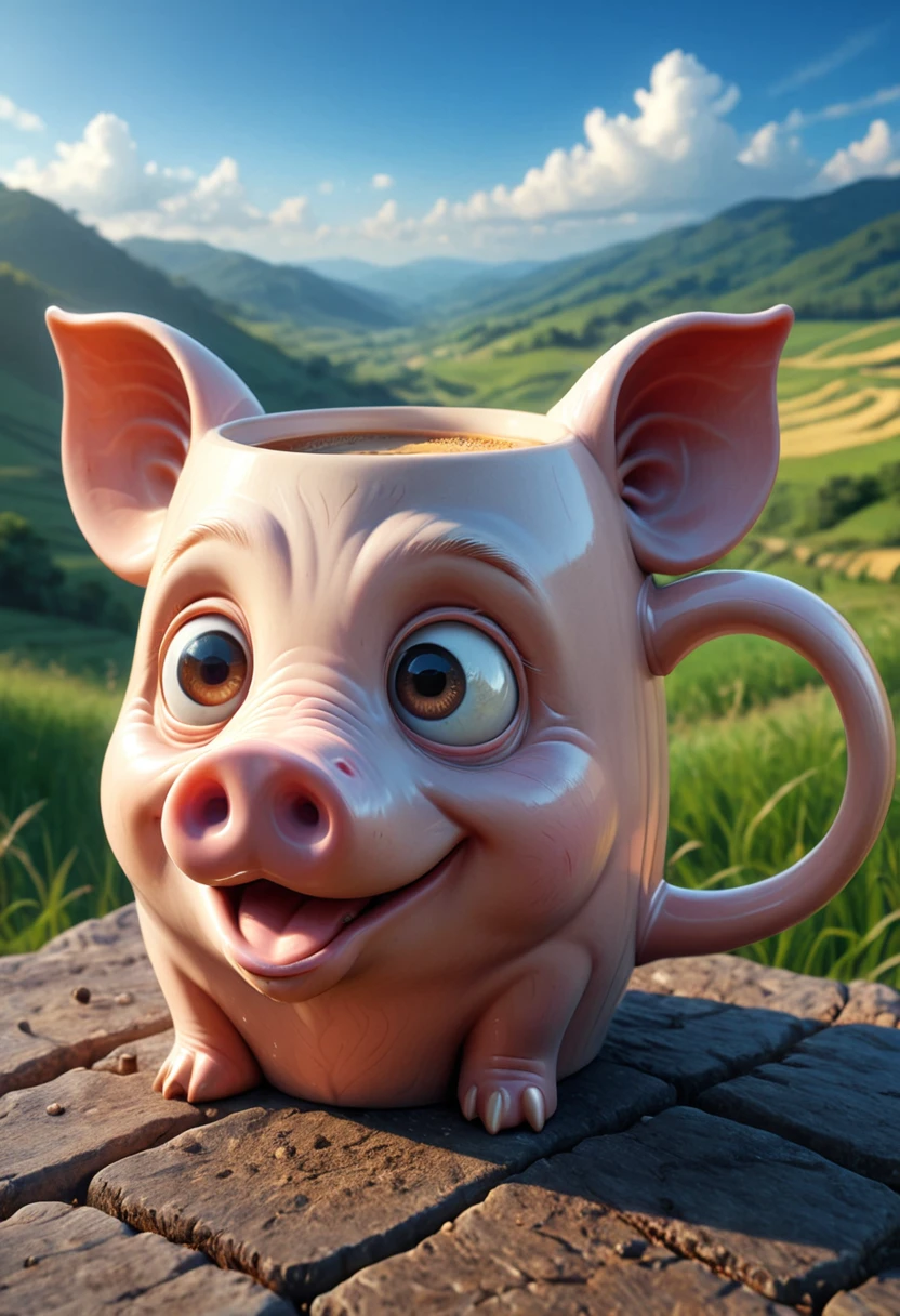 A pig as a coffeemug in mobe-ancofmu style, in a landscape background, masterpiece, absurdres, dynamic angle, highly detailed, <lora:AnthropomorphicCoffeeMugV2.0:0.95>,