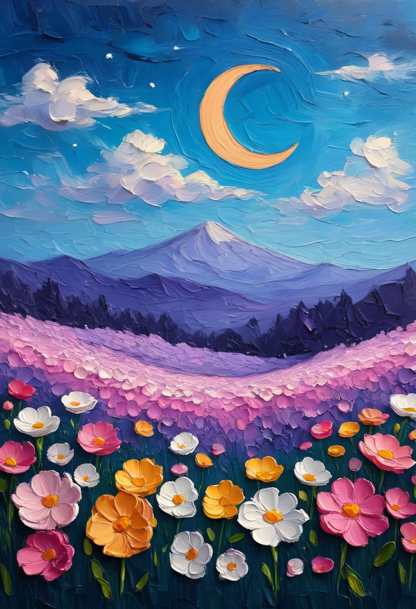 (masterpiece, best quality, ultra-detailed, amazing quality, high resolution, perfect details) very aesthetic, BSS_LPNTG, oil painting, detailed drawing, general, flower, outdoors, sky, cloud, blue sky, no humans, night, moon, white flower, grass, cloudy sky, night sky, scenery, nature, pink flower, yellow flower, purple flower, mountain, field, crescent moon, flower field, mountainous horizon, orange flower, landscape